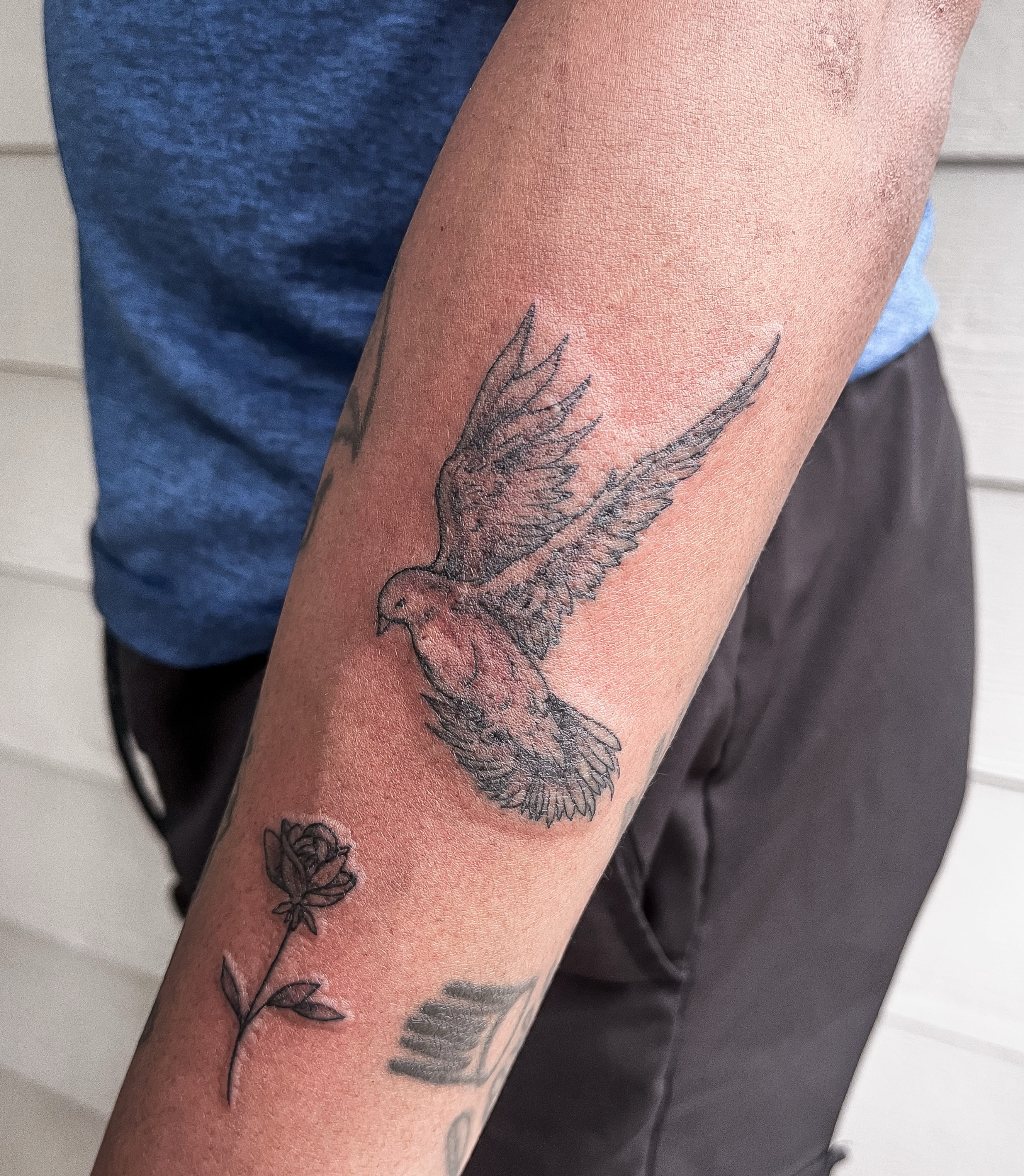 Bird black and grey tattoo on the forearm by Janelle Cuba