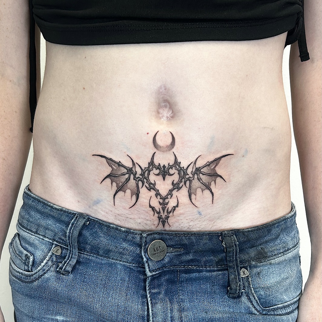 Bat wings and crescent moon black and grey tattoo on the torso by ♡︎ Kaylie ♡︎, Tacoma, Washington