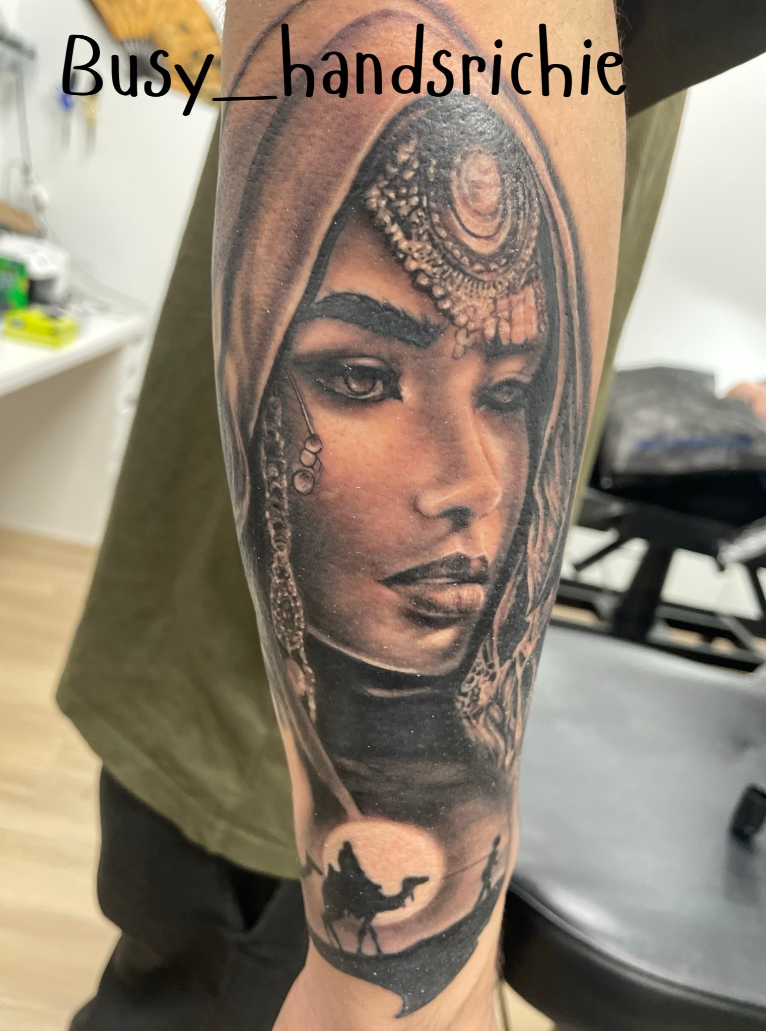 Woman with headdress realism tattoo on the forearm by TEA ☕️ Tattoos