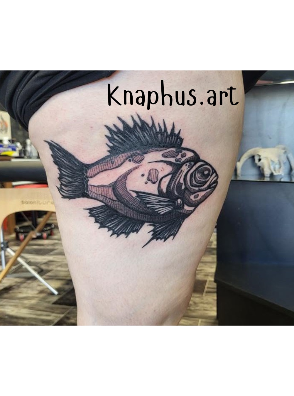 Fish black and grey tattoo on the thigh by TEA ☕️ Tattoos