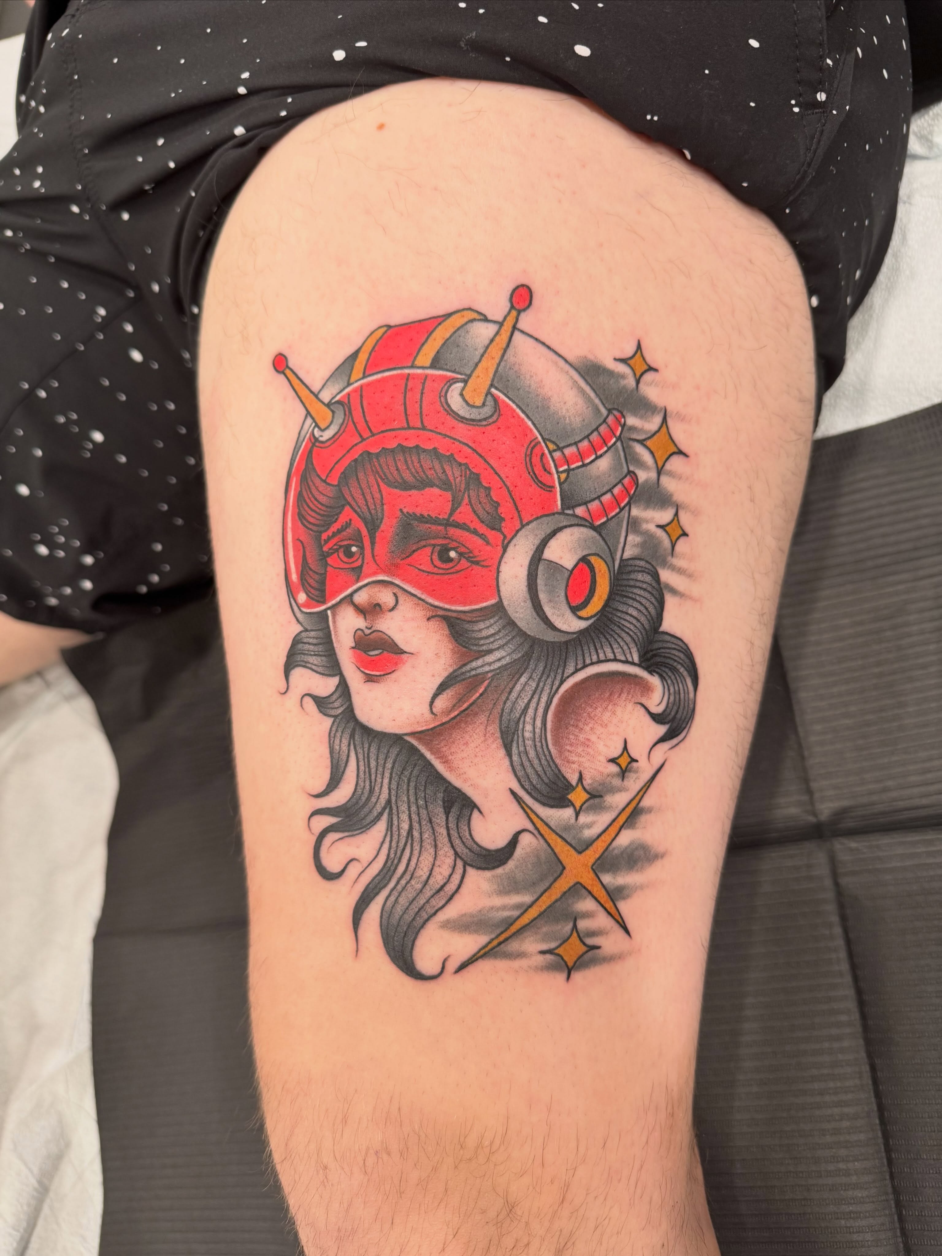 Cyborg woman American traditional tattoo on the thigh by Jay Espinoza-AZ Tattooer