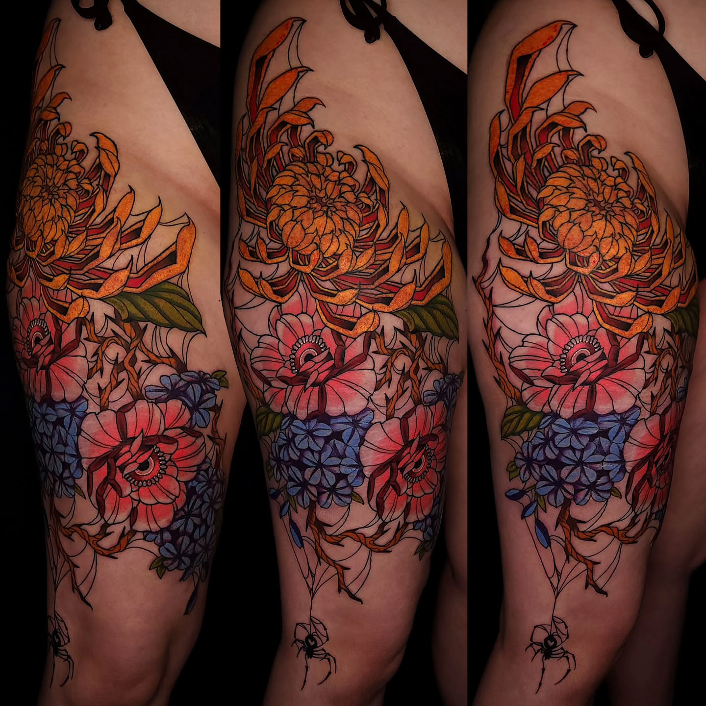Floral arrangement new school tattoo on the upper arm by Sheena Yu-Hsin Wood