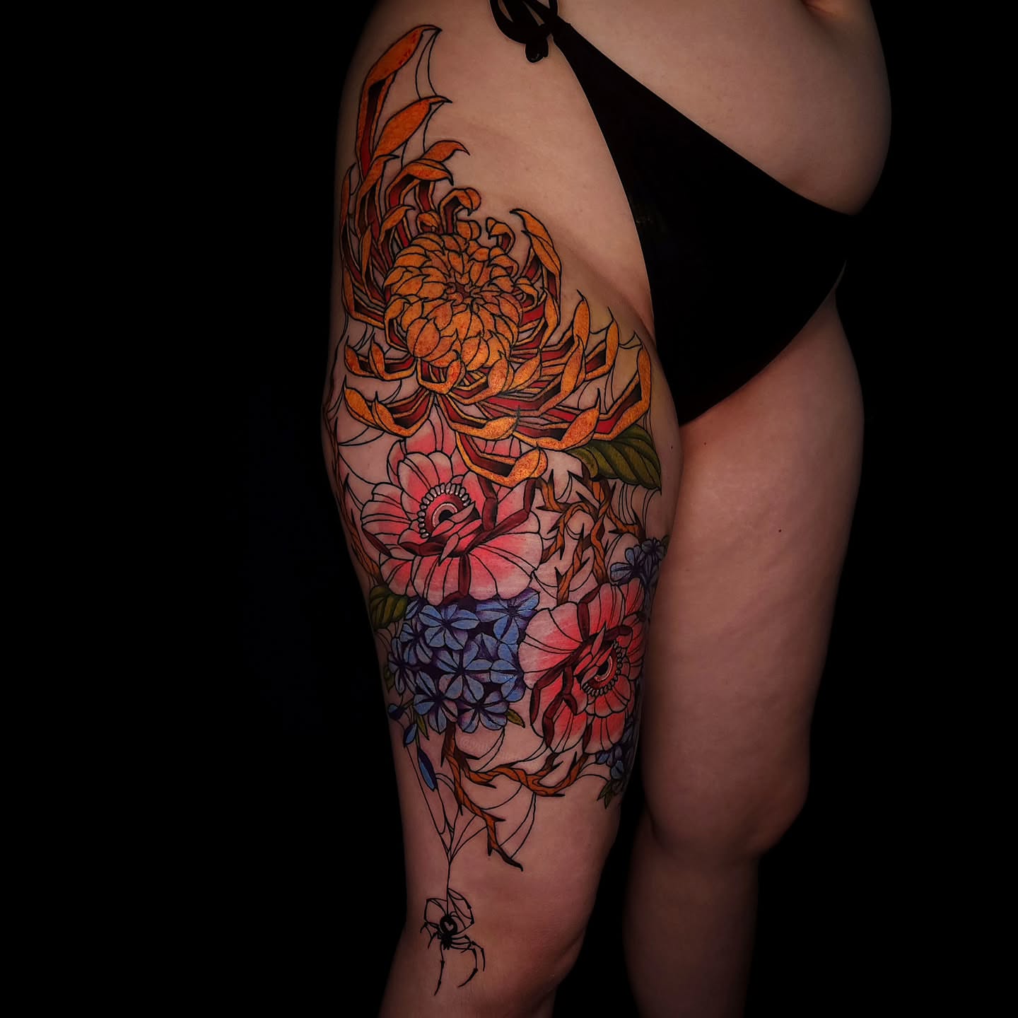 Floral bouquet dotwork tattoo on the thigh by Sheena Yu-Hsin Wood