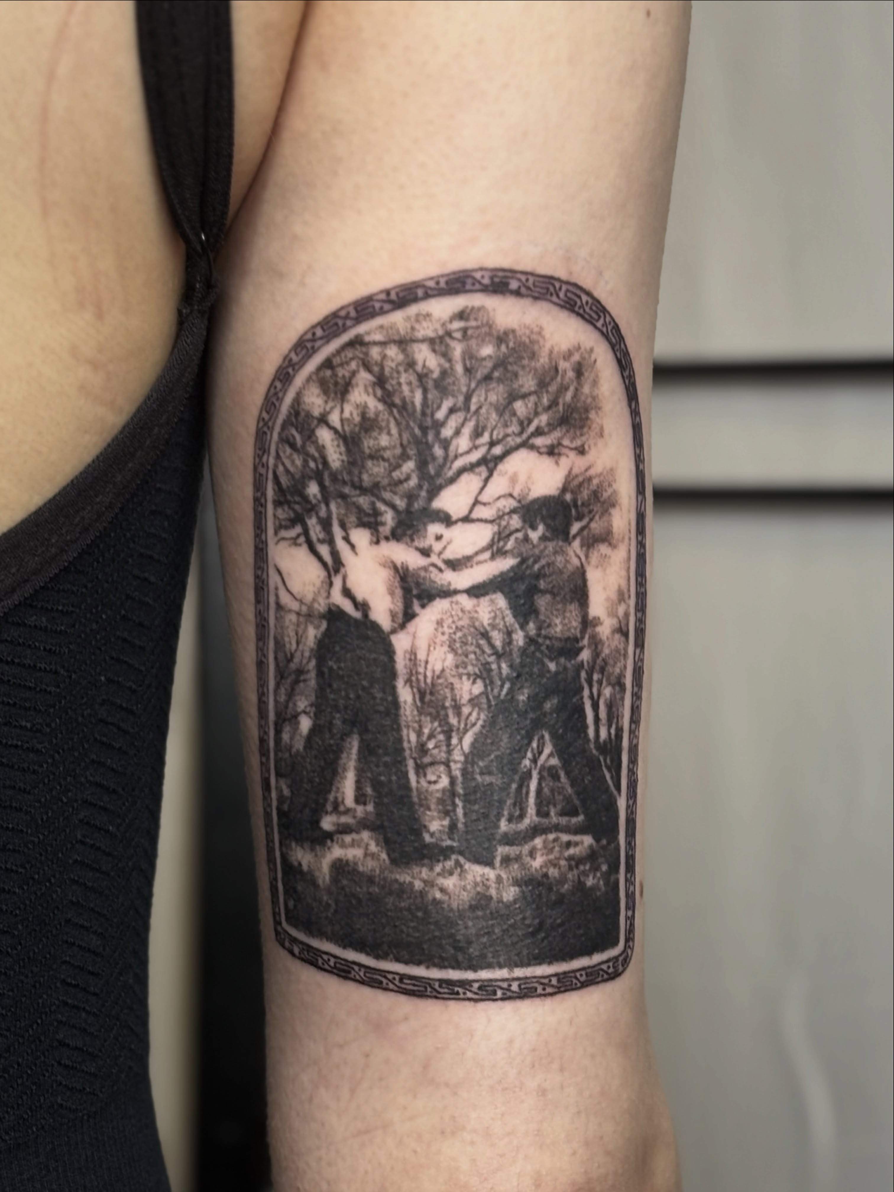 Elephant and figures black and grey tattoo on the forearm by ★ Val! ★ Tattoo Artist
