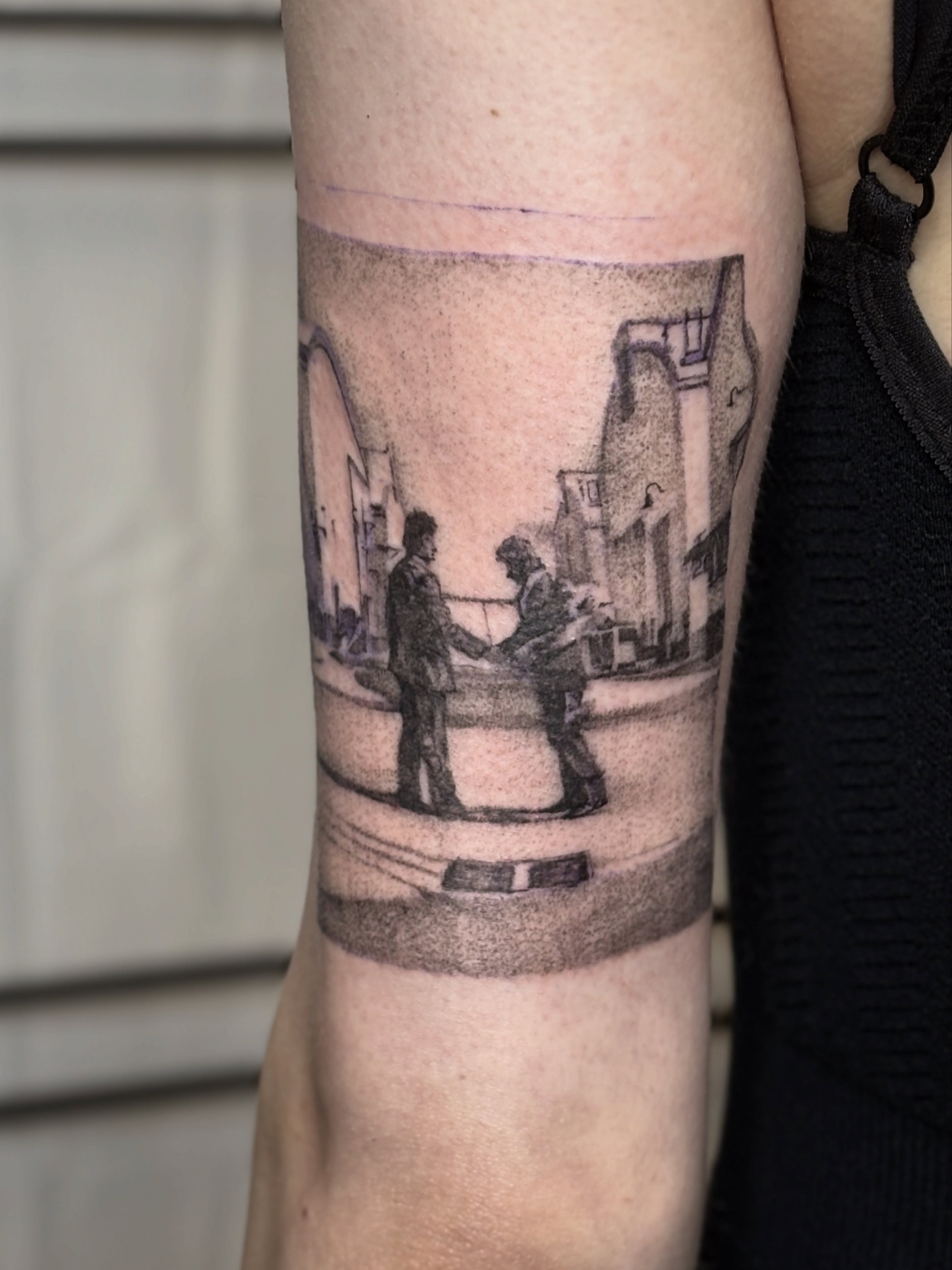 Street scene with handshake dotwork tattoo on the forearm by ★ Val! ★ Tattoo Artist