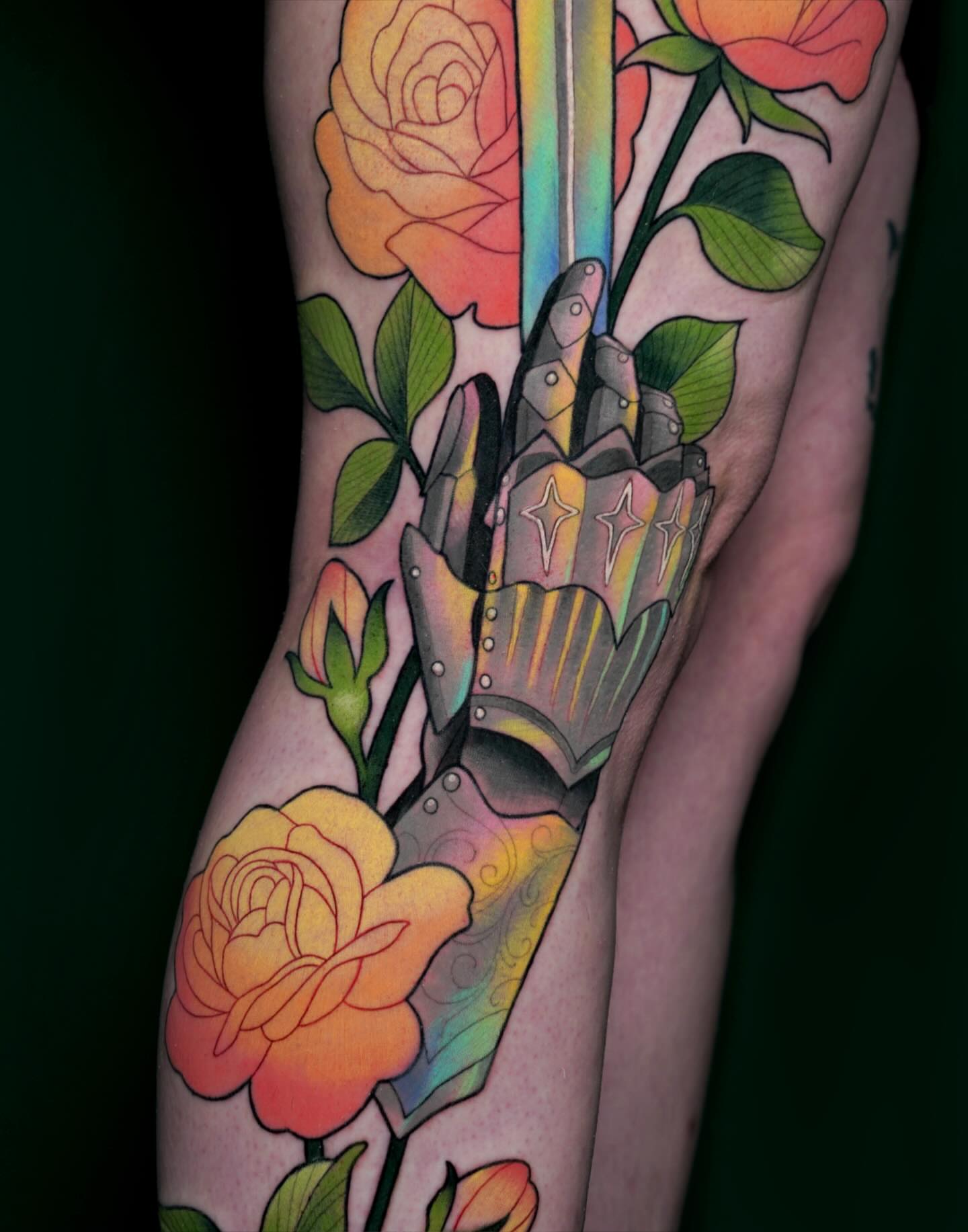 Mech hand with roses neo-traditional tattoo on the forearm by Brooke Borden