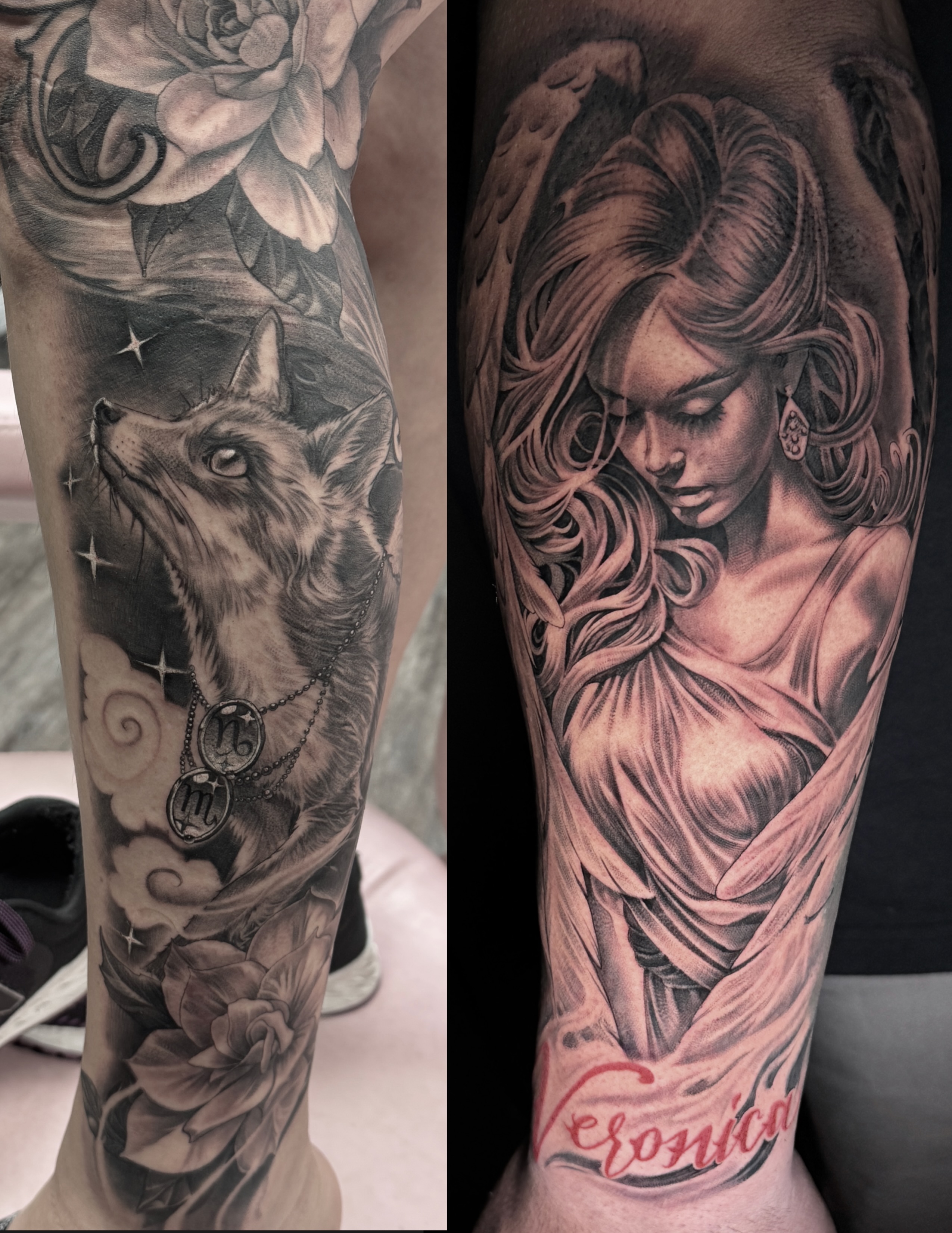 Wolf and woman realism tattoo on the forearm by TATTOOS by Elvis Ramos - California tattoo