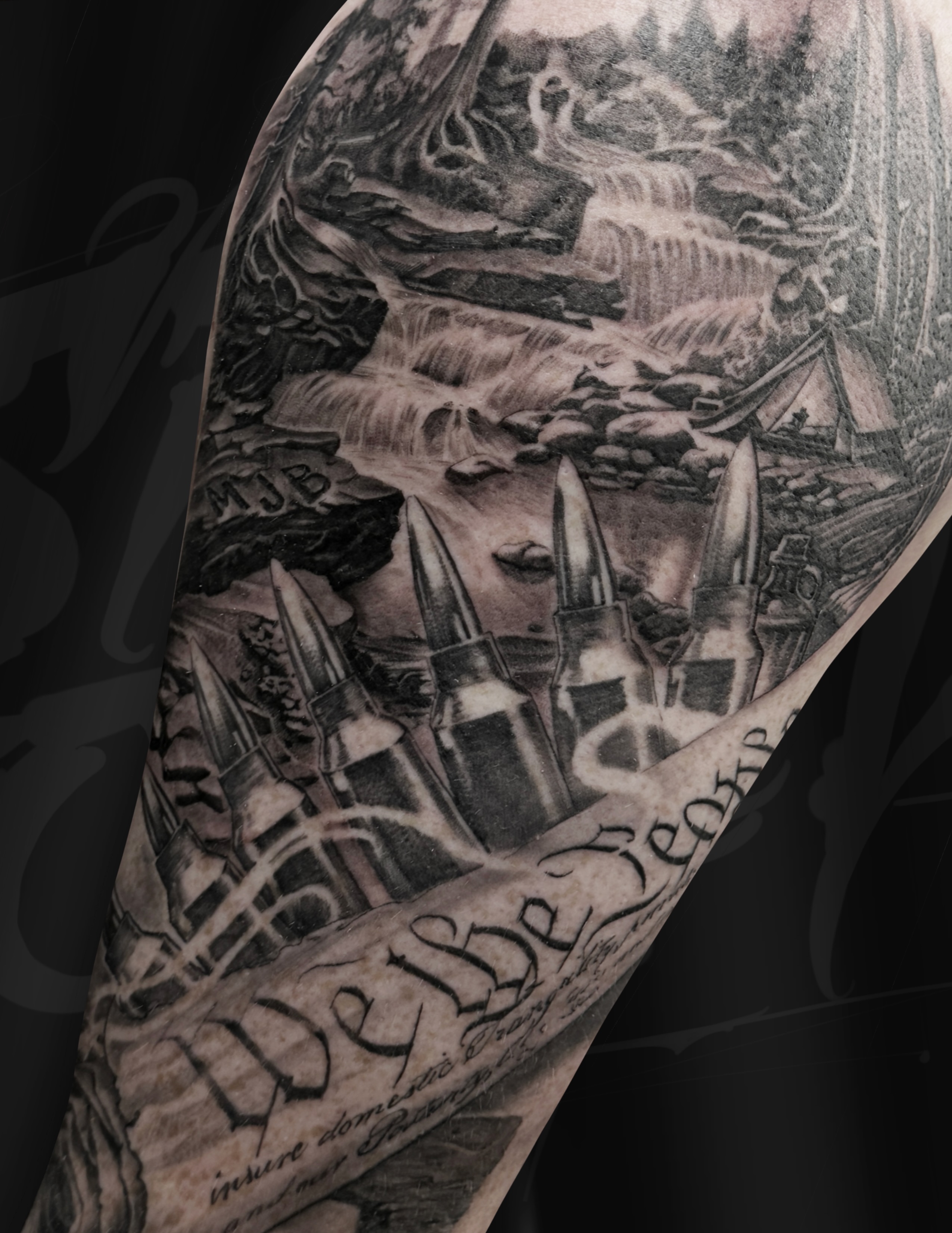 Waterfall and bullets realism tattoo on the forearm by TATTOOS by Elvis Ramos - California tattoo