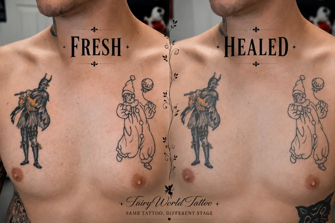Clown and knight black and grey tattoo on the chest by Tanya Tattoota
