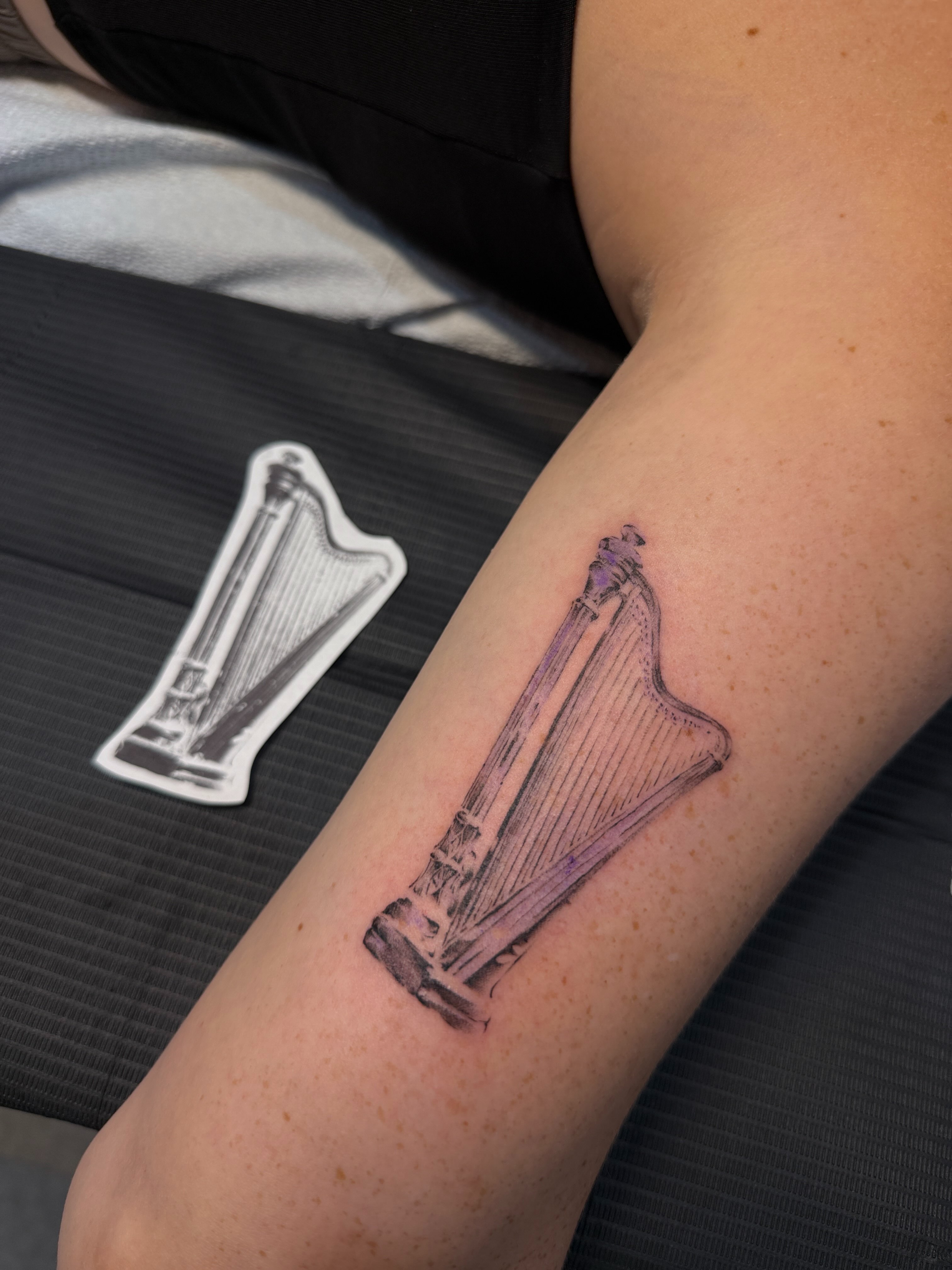 Harp realism tattoo on the forearm by gabrielle rosemary ποΈ