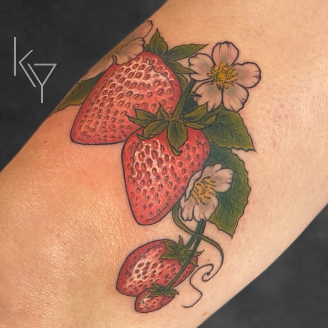 Strawberries and flowers realism tattoo on the forearm by ..✨ K I R S T y y O R K ✨..