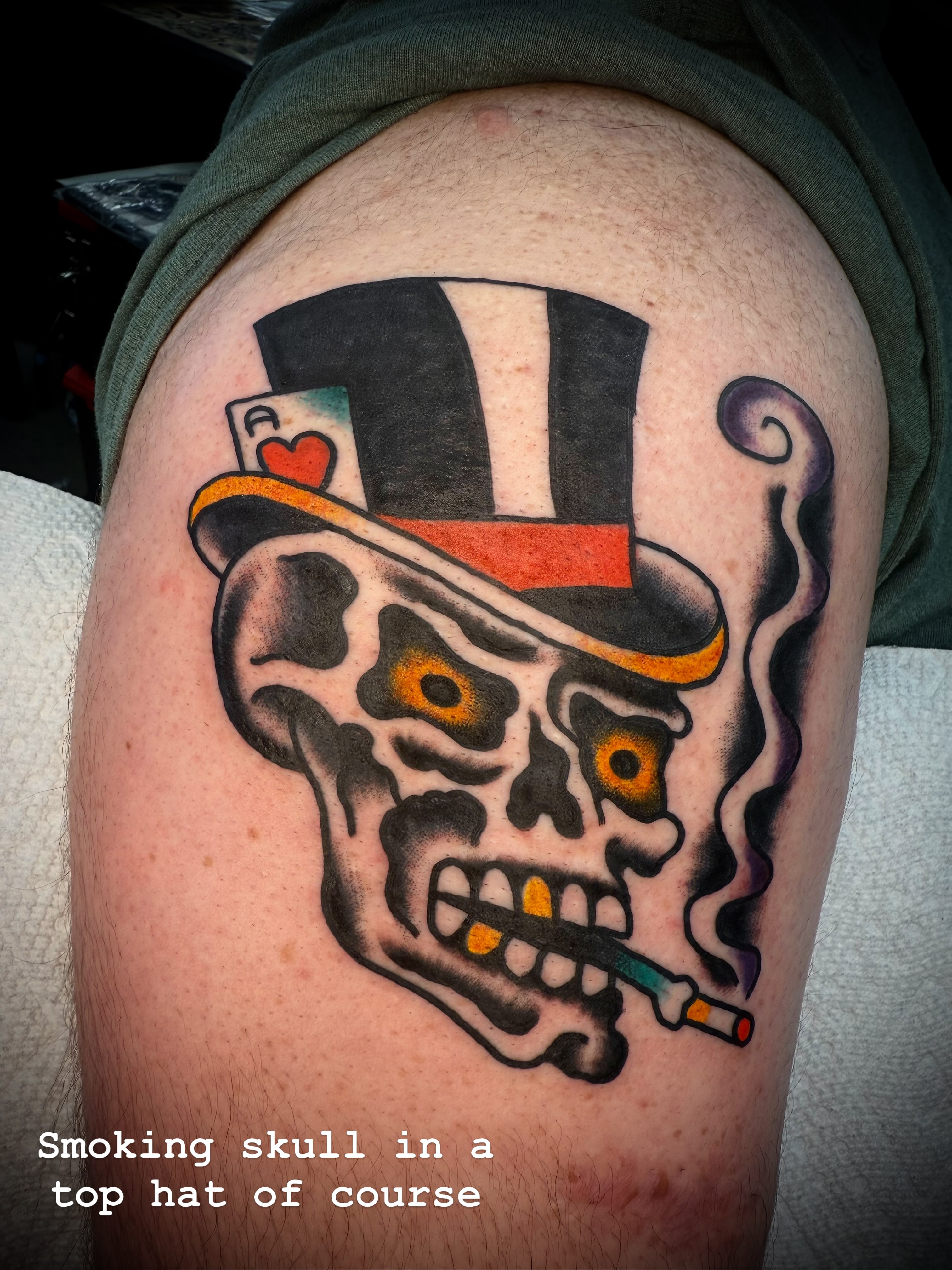 Smoking skull American traditional tattoo on the thigh by Victoria Lagano NYC Traditional Tattoos