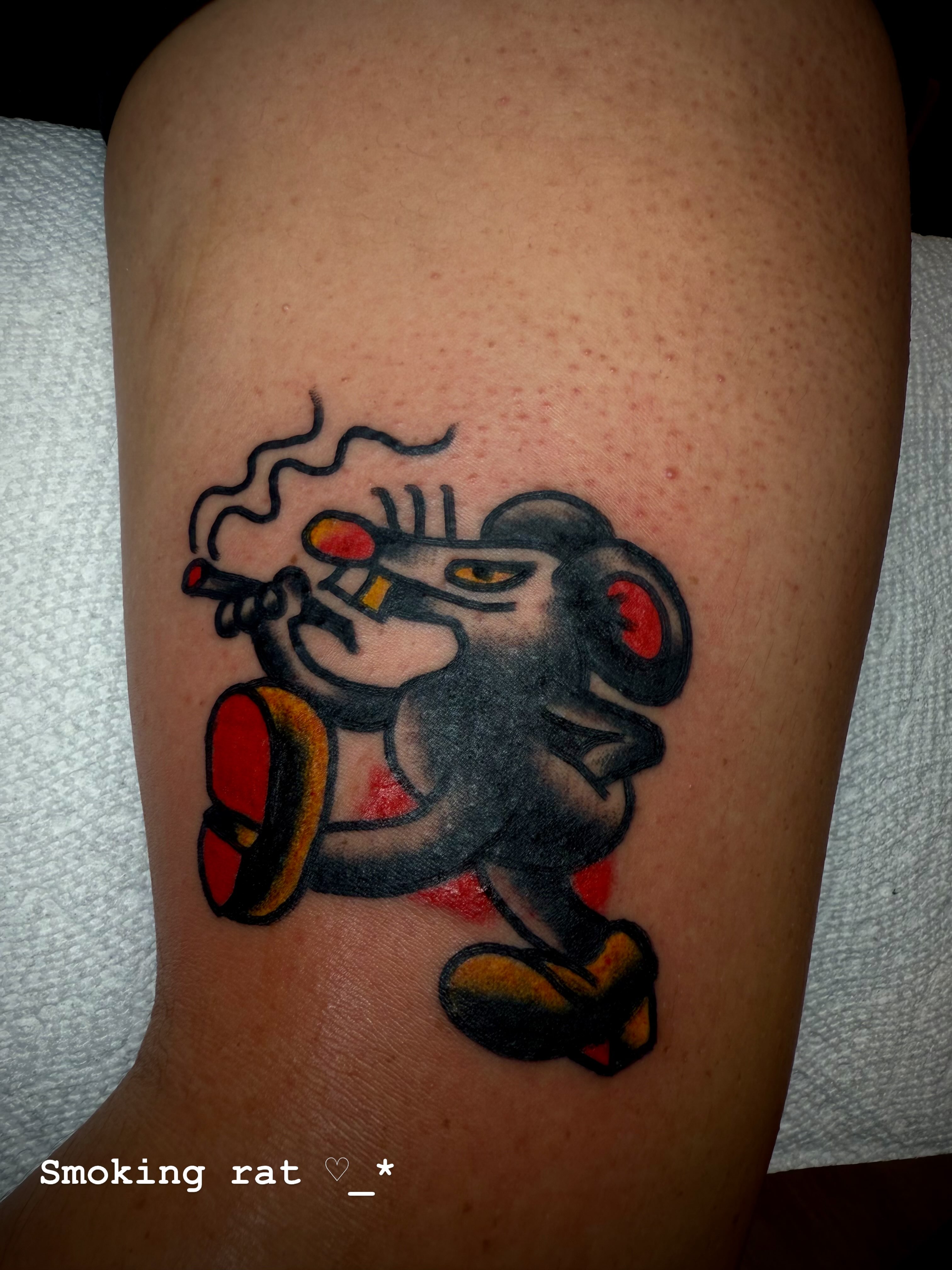 Smoking rat American traditional tattoo on the forearm by Victoria Lagano NYC Traditional Tattoos