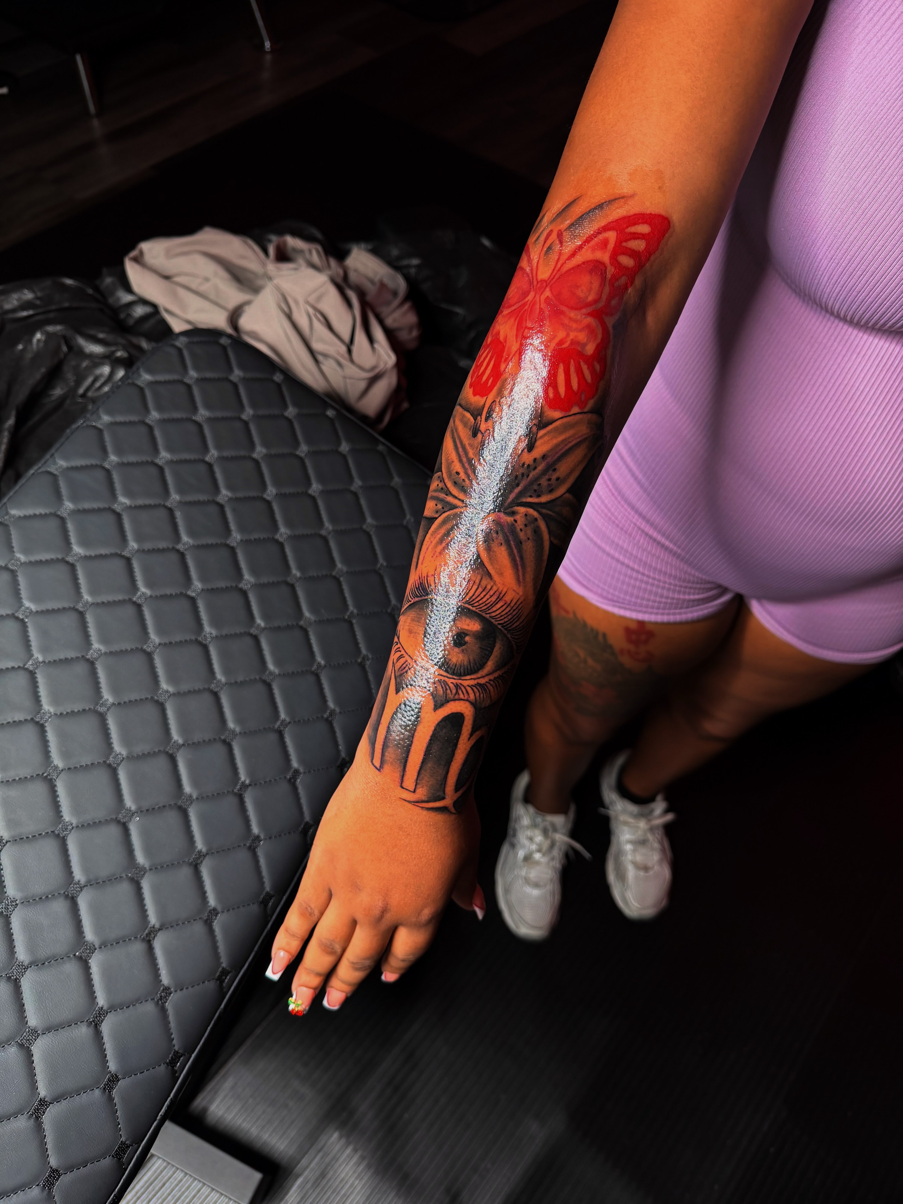 Butterfly American traditional tattoo on the forearm by Q⚜️