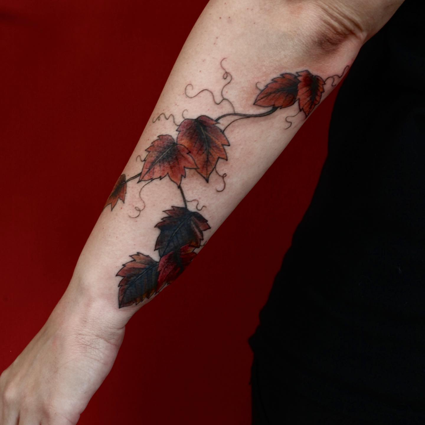 Fall leaves realism tattoo on the forearm by adrienne mae ❀