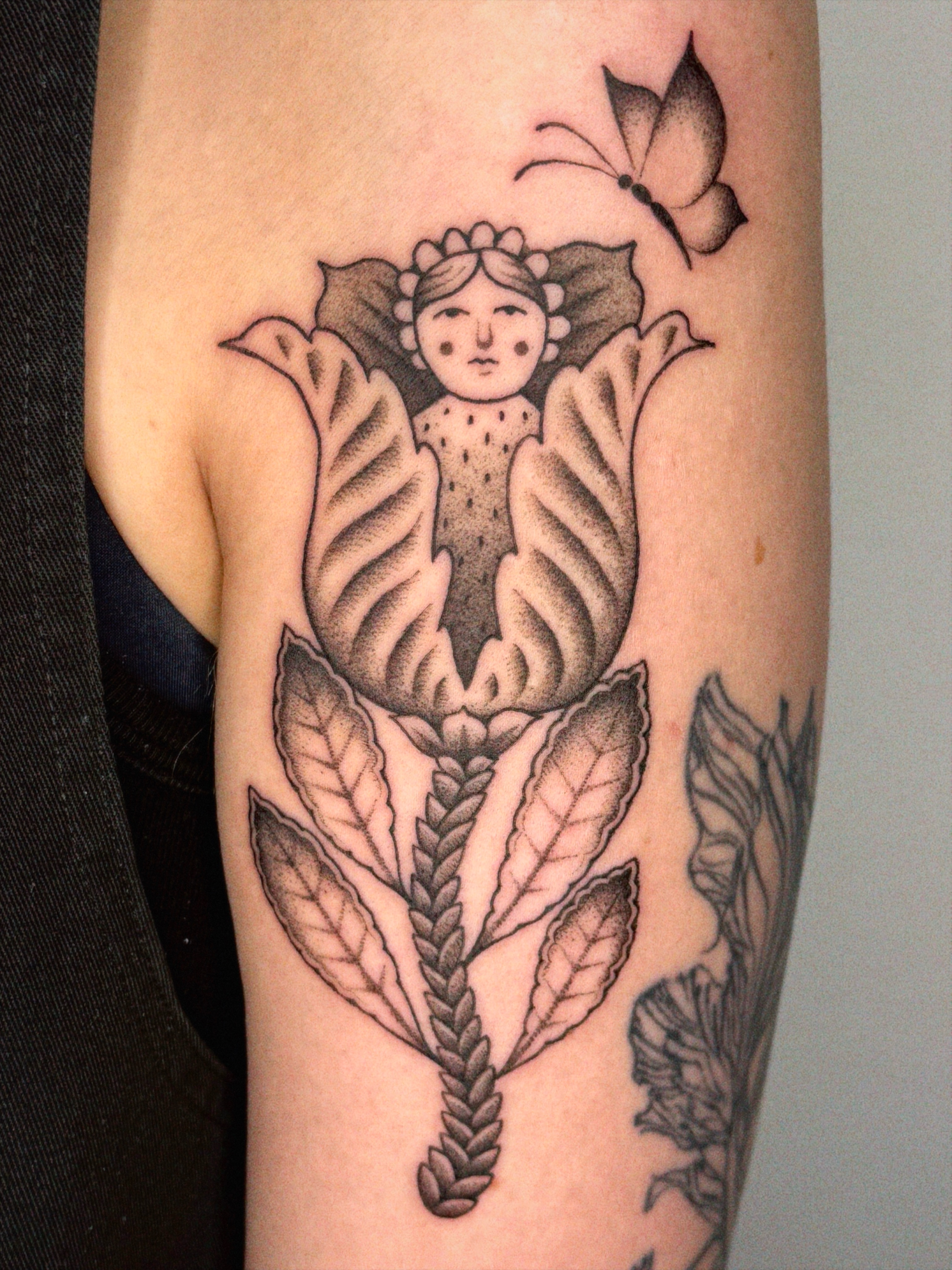 Flower fairy American traditional tattoo on the forearm by @inkshame