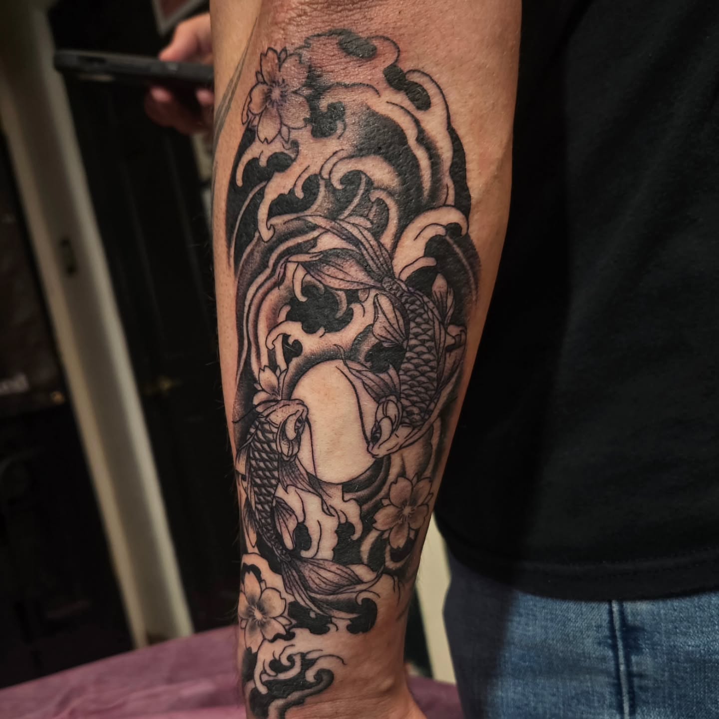 Koi fish and flowers japanese irezumi tattoo on the forearm by Ari🖤