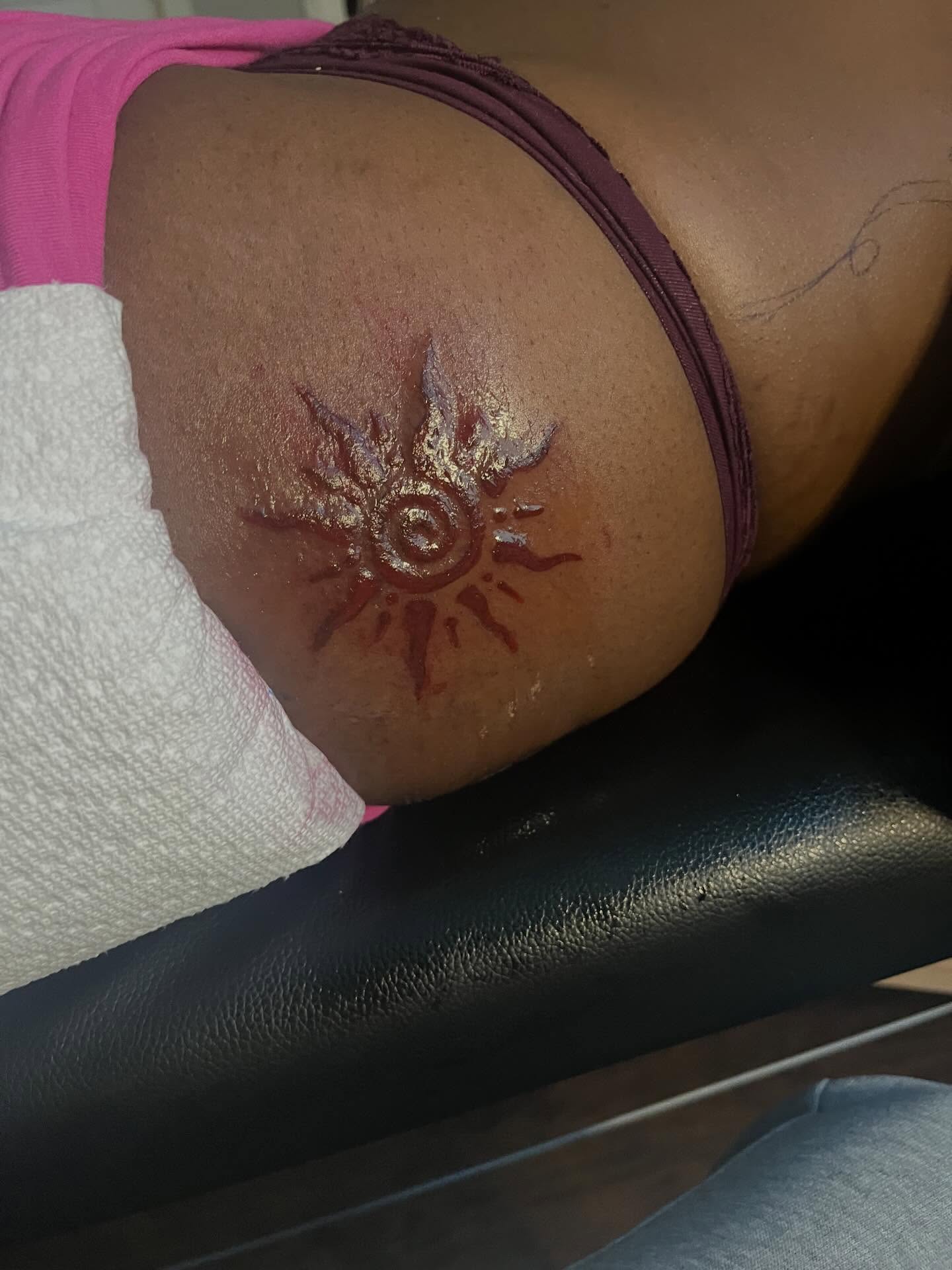 Sun American traditional tattoo on the thigh by π Westside