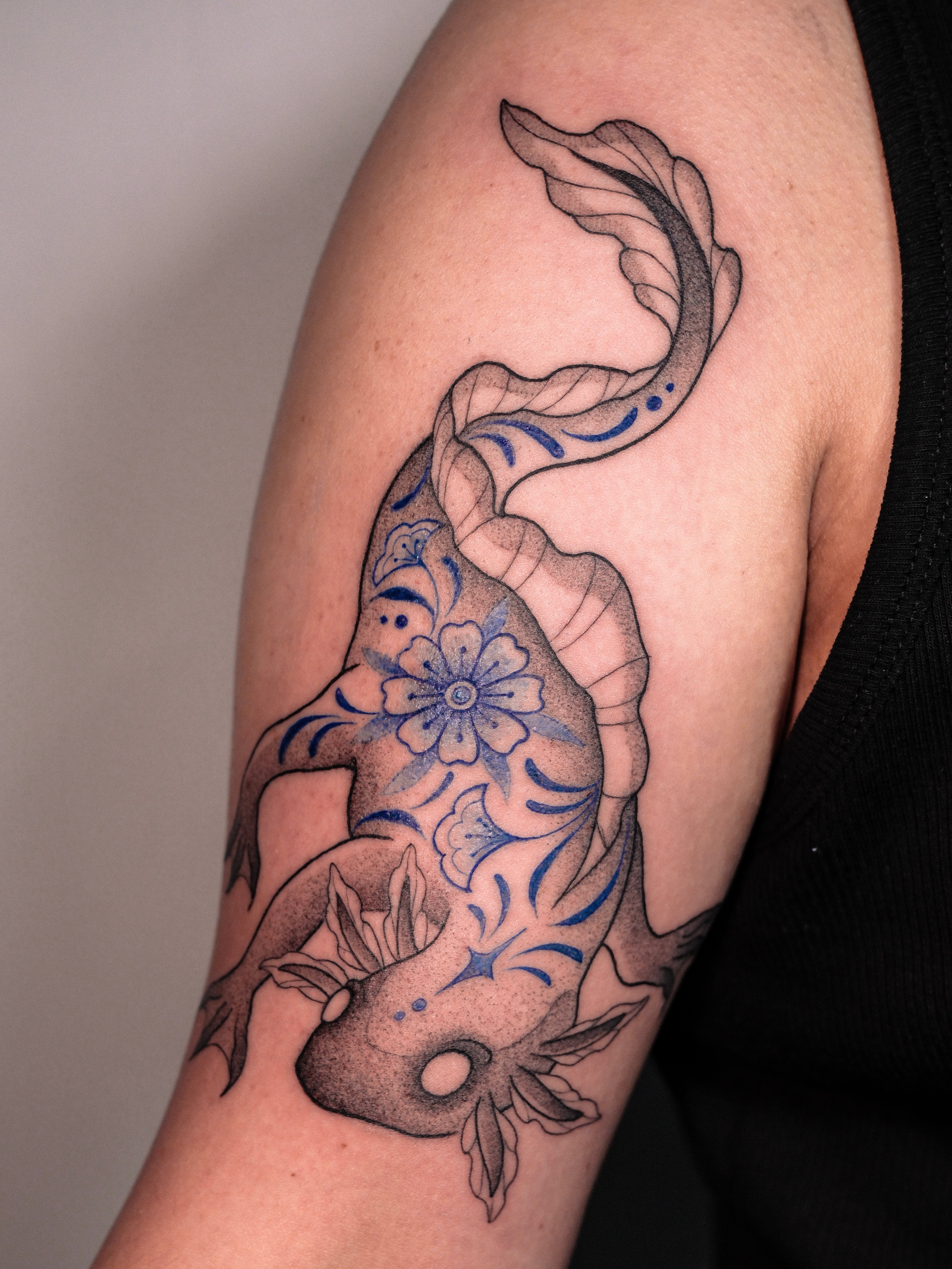 Koi fish japanese irezumi tattoo on the forearm by Velvet, Seattle, Washington