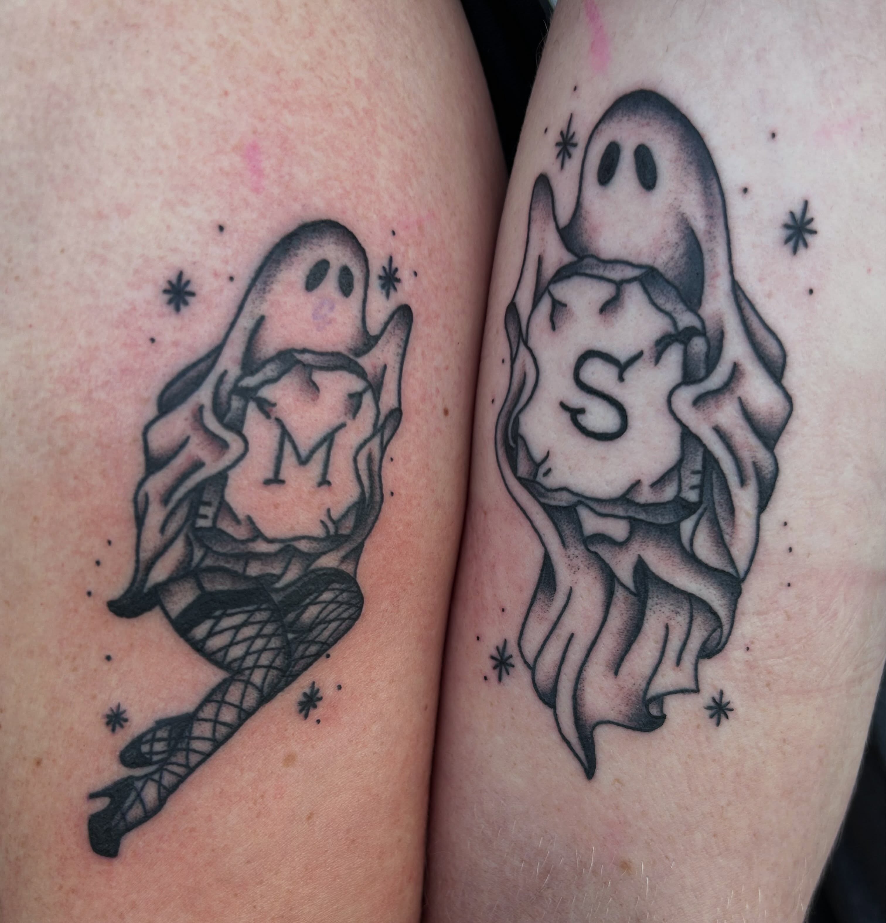 Ghosts American traditional tattoo on the thigh by Zach Andrews