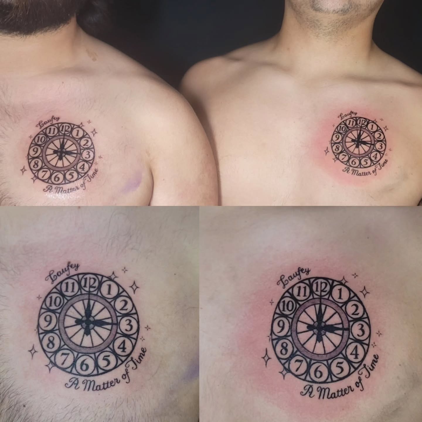 Clock black and grey tattoo on the chest by Sarah Alba