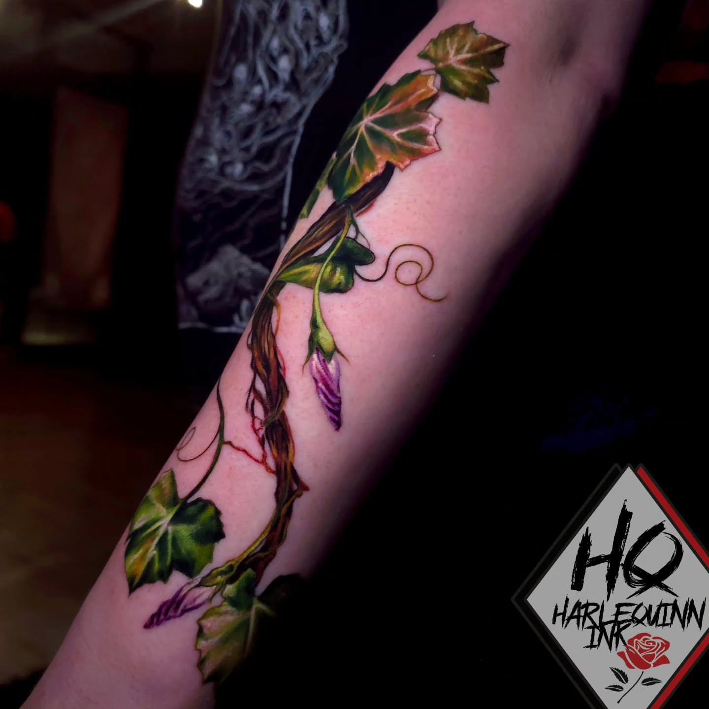 Ivy and flower realism tattoo on the forearm by HarleQuinn_Ink