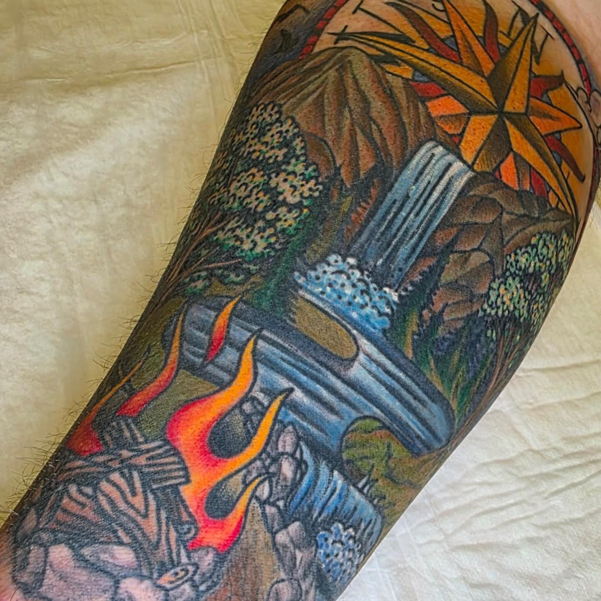 Waterfall and flames dotwork tattoo on the forearm by Jenni Hand - Tattoo, Maryville, Tennessee