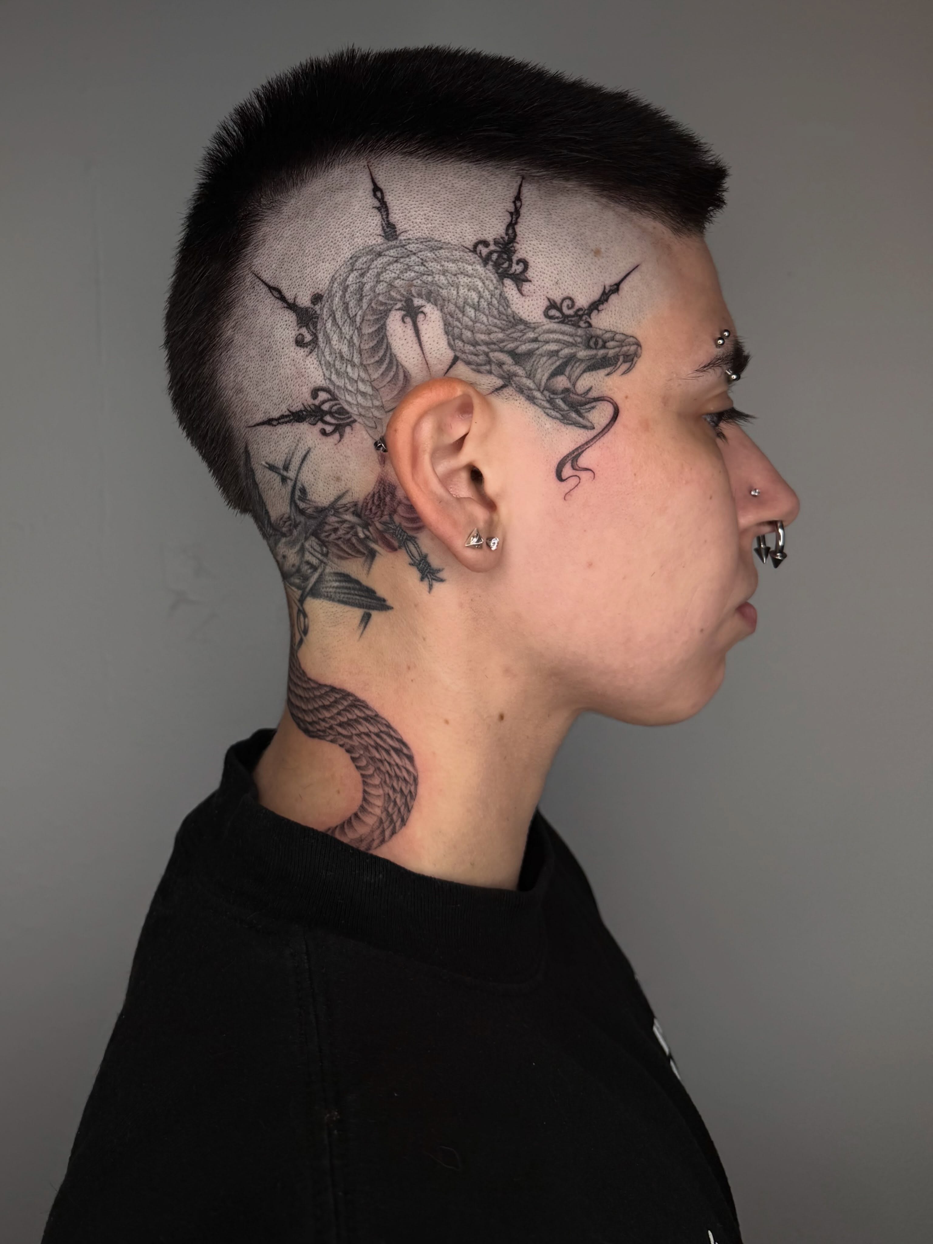 Dragon black and grey tattoo on the head by ✭ Elisa ✭