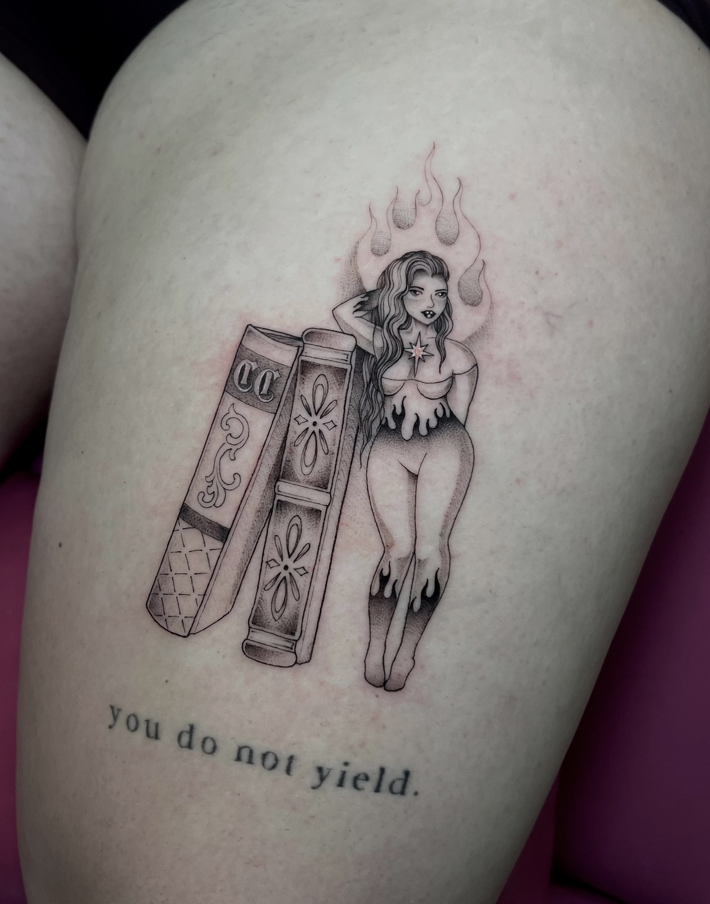 Flame-woman书籍 black and grey tattoo on the thigh by Tehnaya