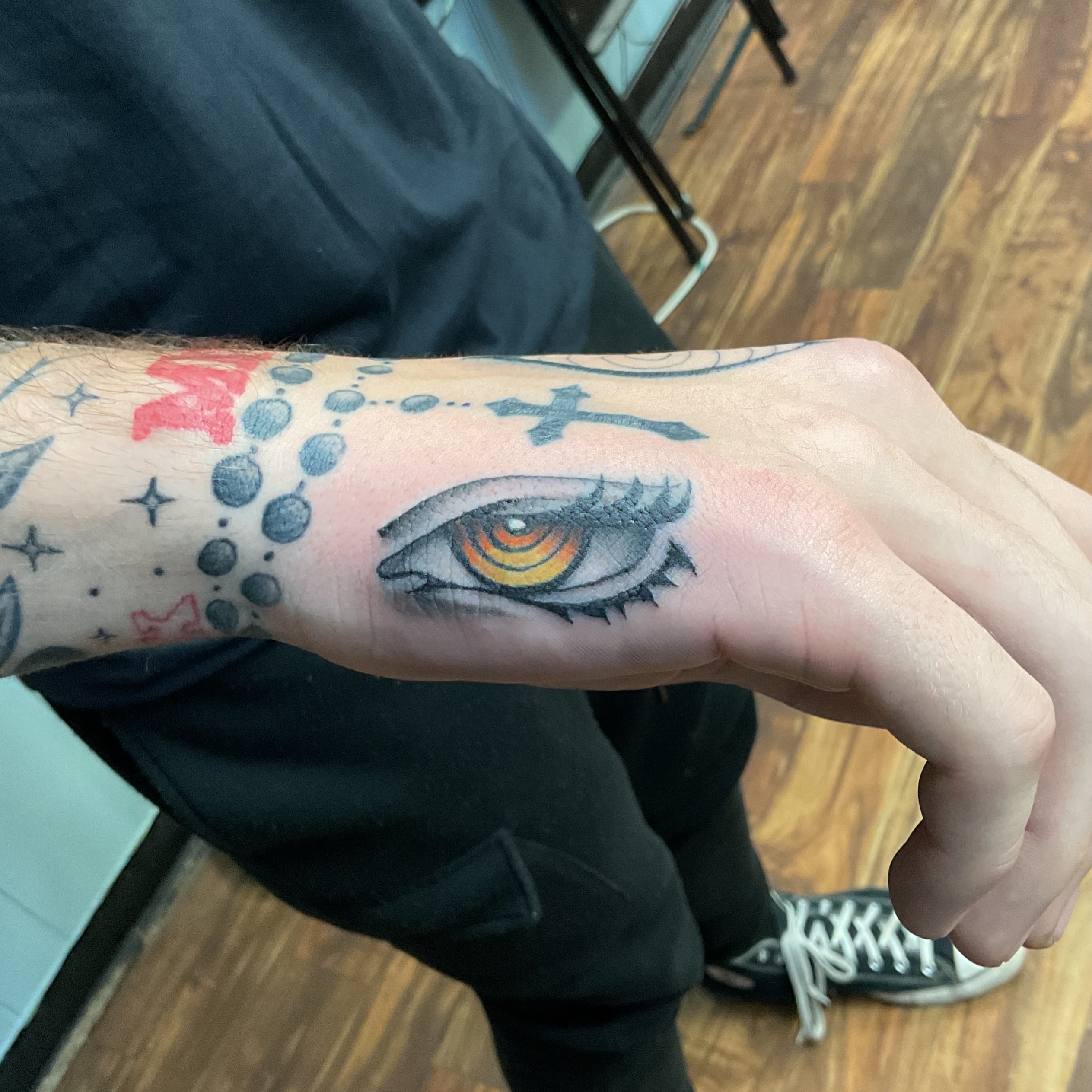 Eye dotwork tattoo on the forearm by Roachrude
