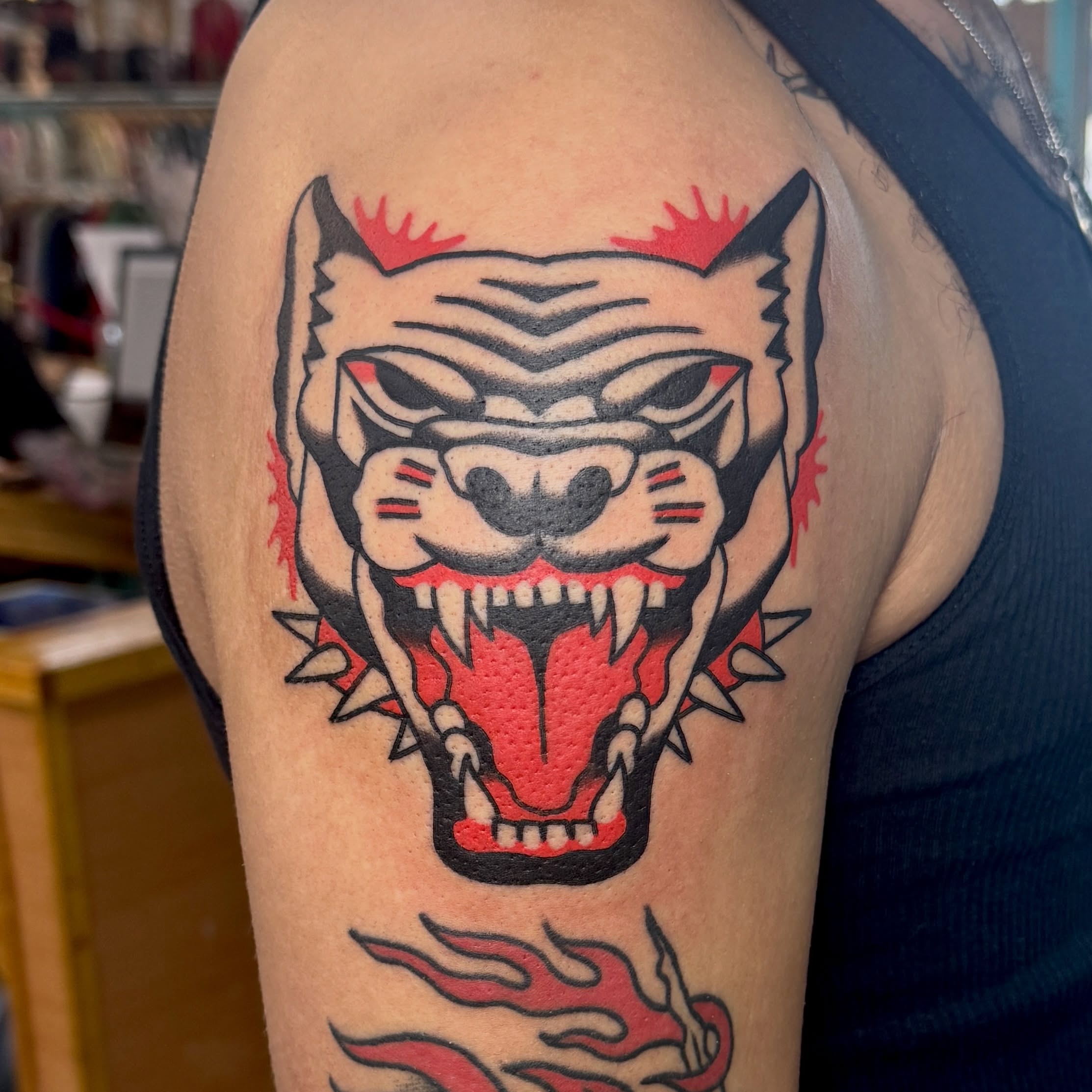 Tiger head American traditional tattoo on the shoulder by Sam