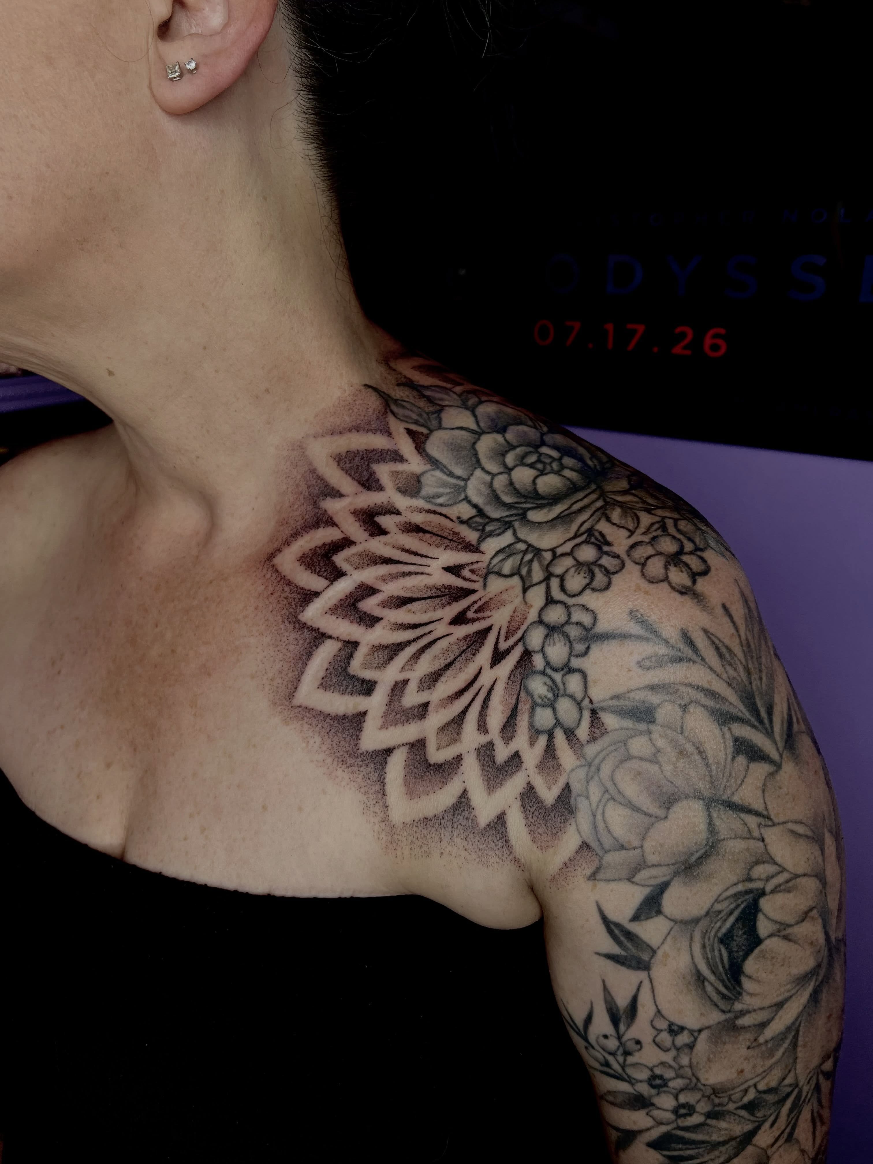 Floral mandala geometric tattoo on the shoulder by Ebony Robinson, Austintown, Ohio
