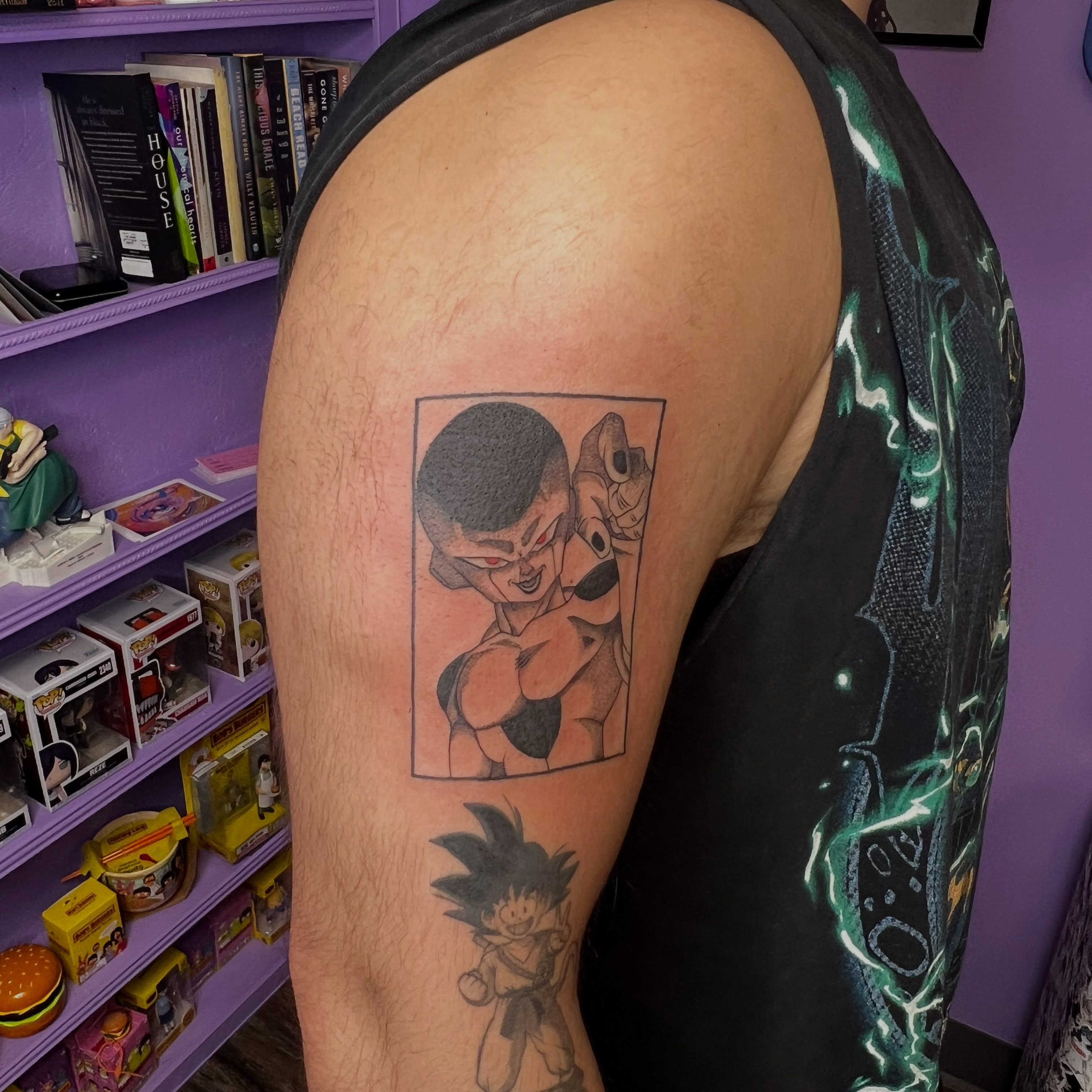 Tattoo by @tattoosbyebonyjane — dotwork, anime