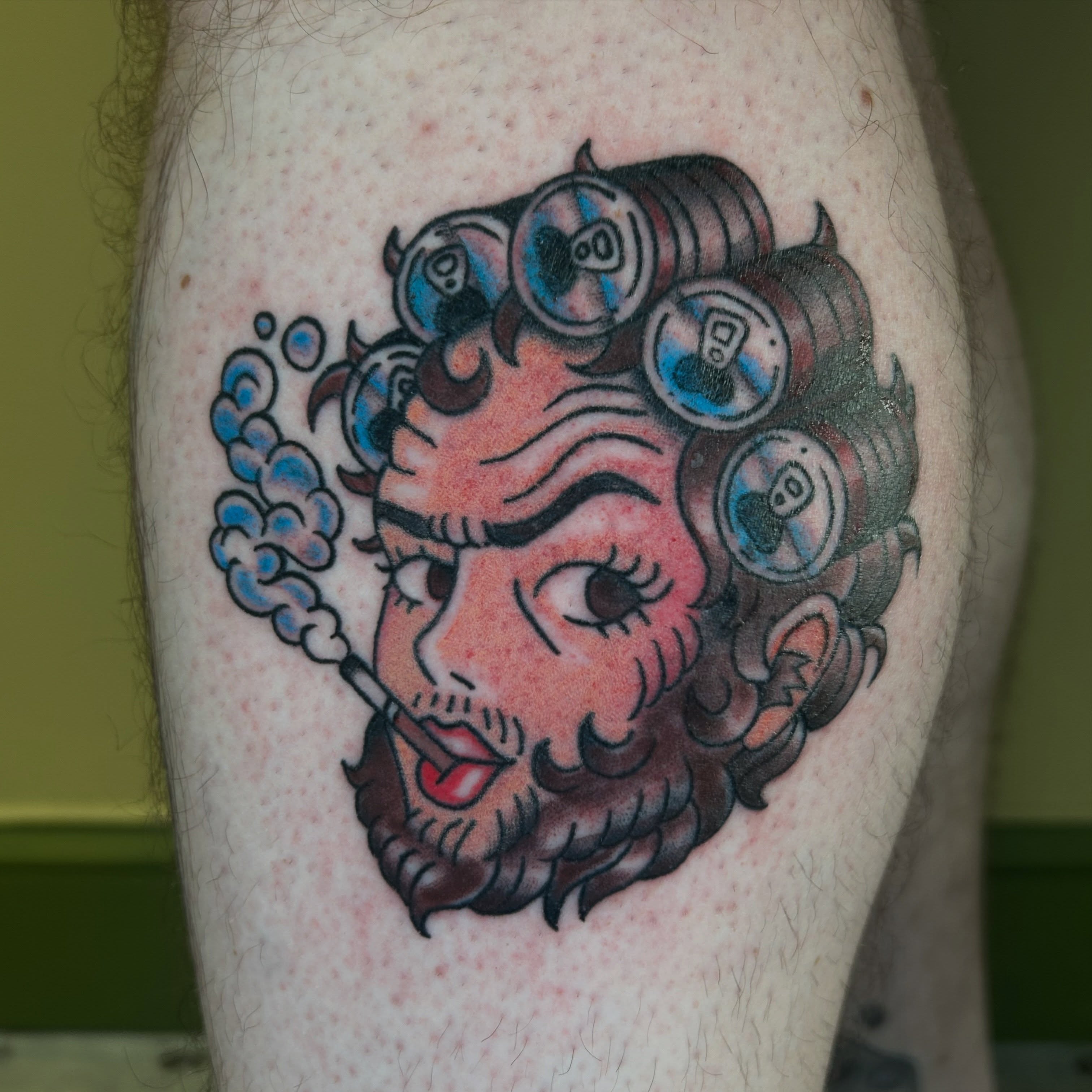 Bearded man with soda cans American traditional tattoo on the forearm by Cassy D, Miami, Florida