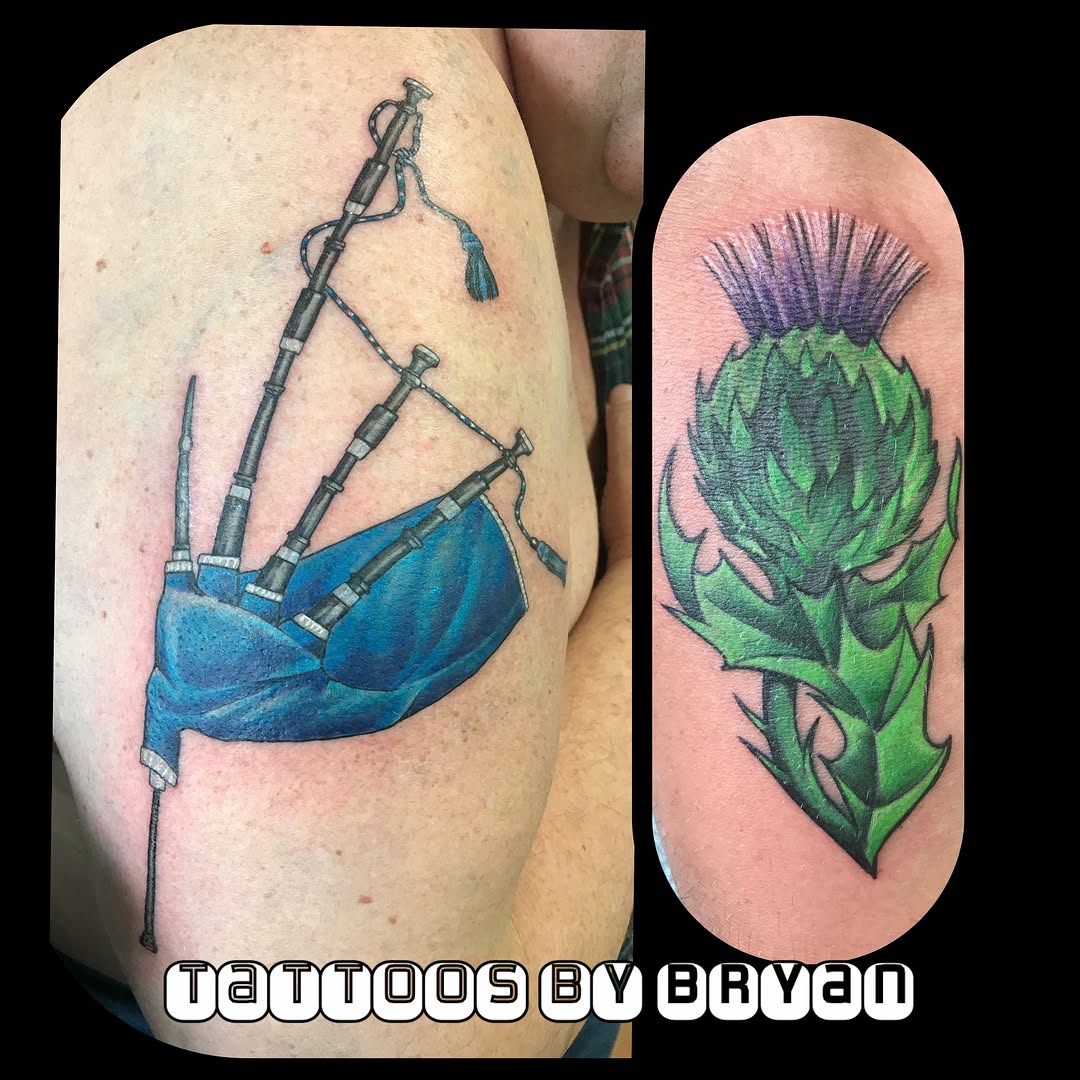 Bagpipes and thistle realism tattoo on the upper arm by Bryan Hunt