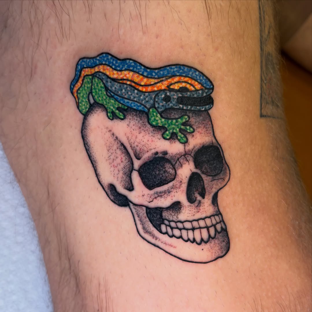 Skull with lizard dotwork tattoo on the thigh by CJ Ligocki - Ferndale Detroit Michigan Tattoo, Ferndale, Michigan