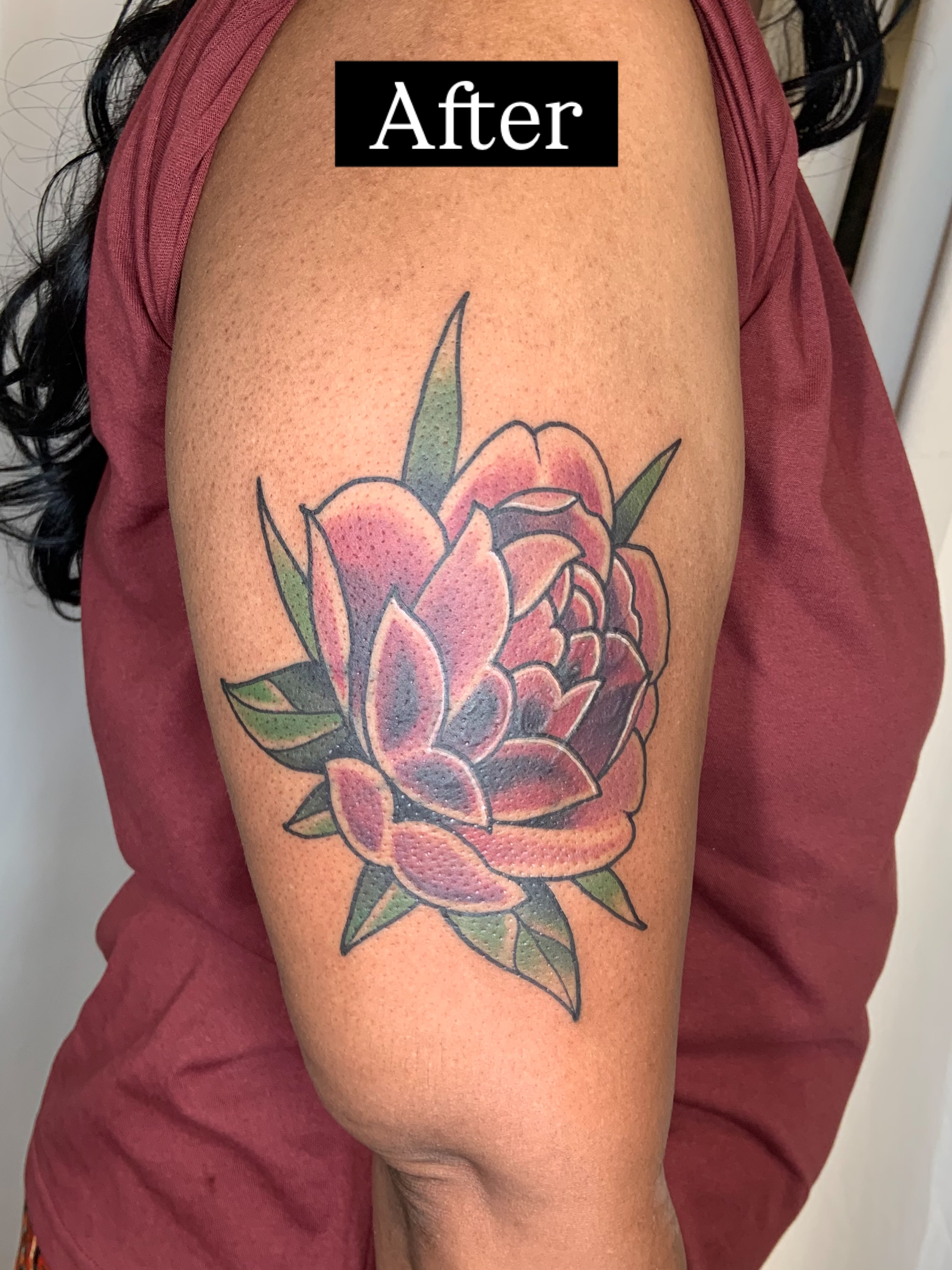 Peony dotwork tattoo on the upper arm by Tattoos By Court