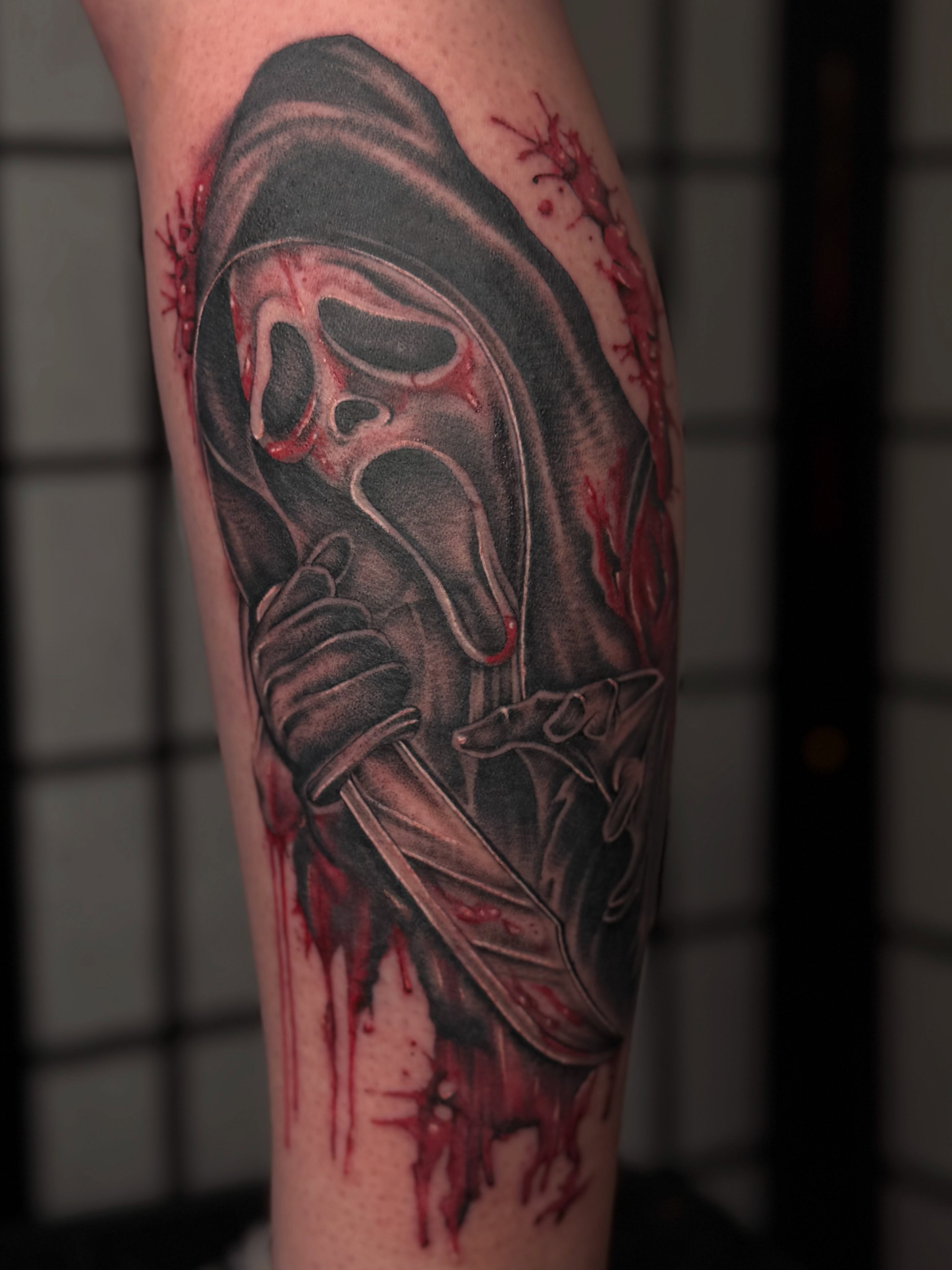 Scream mask dark realism tattoo on the forearm by Justina🪐
