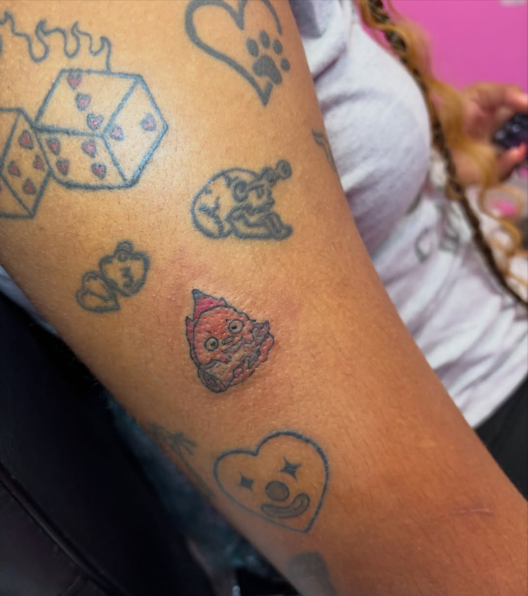 Dice, heart, character, cat, heart dotwork tattoo on the forearm by Vegas Tattoo Mommy ๐๐, Las Vegas, Nevada