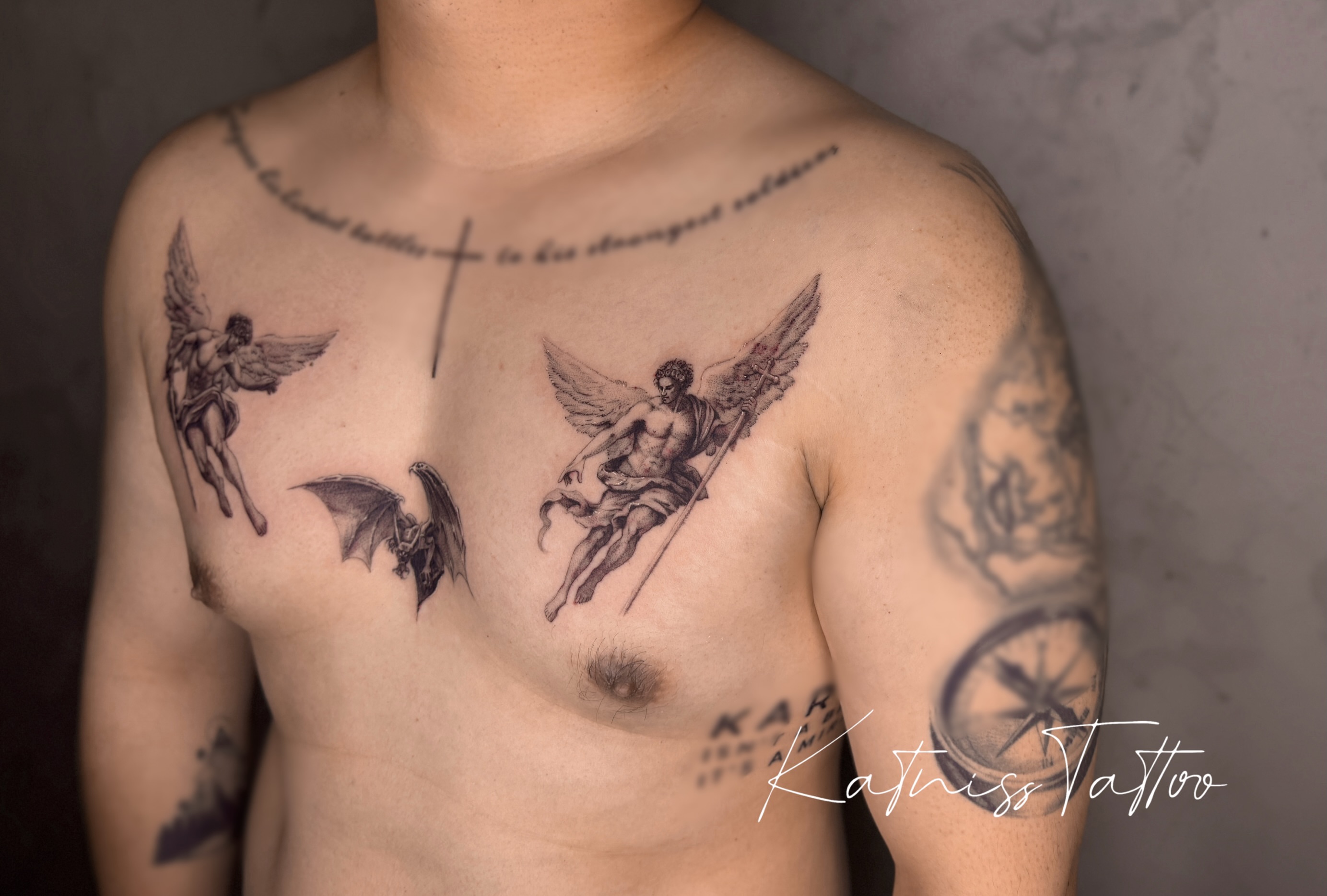 Angels and bat realism tattoo on the chest by 𝙆𝙖𝙩𝙣𝙞𝙨𝙨
