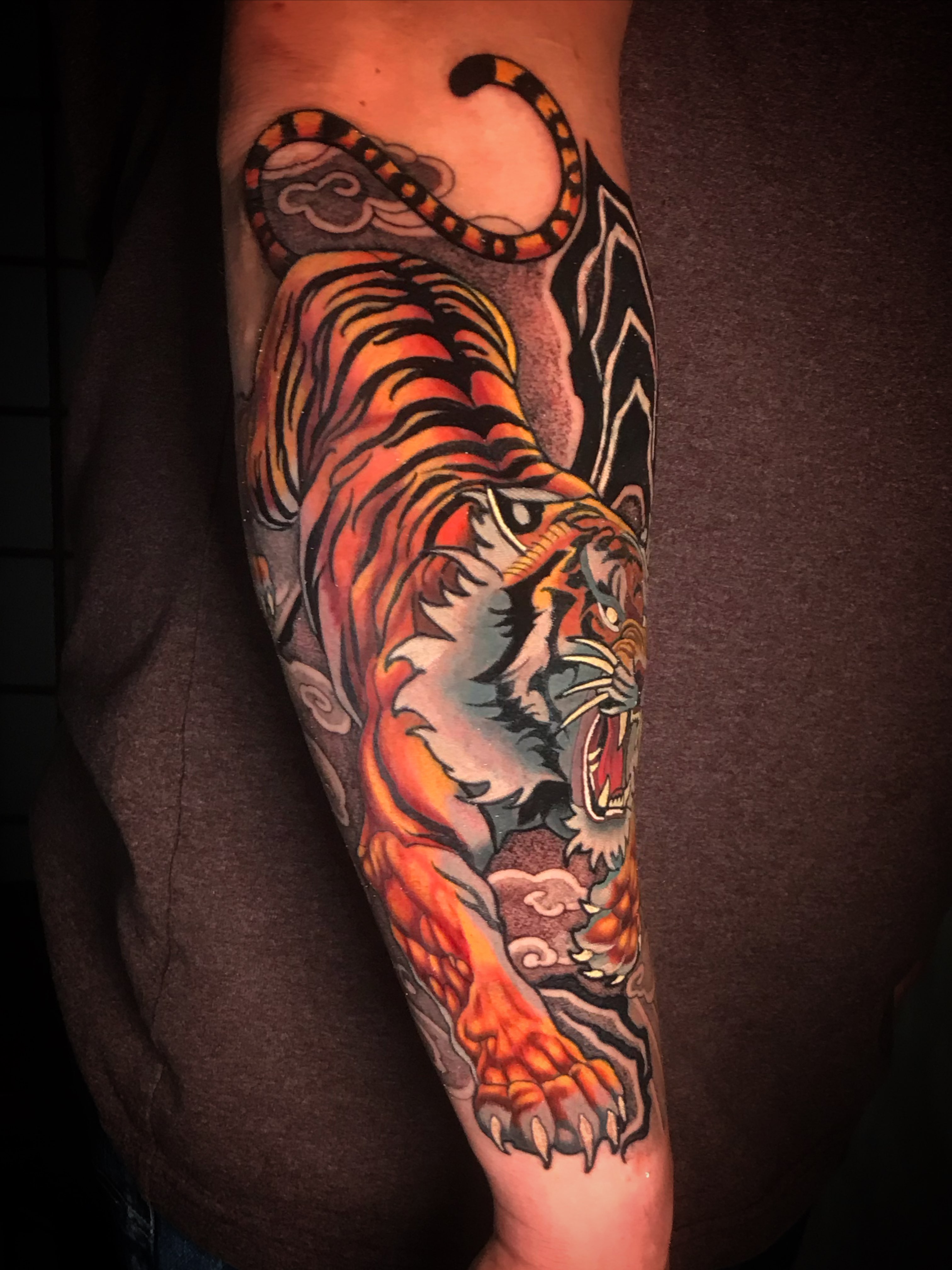 Tiger American traditional tattoo on the forearm by Sean Hollinger