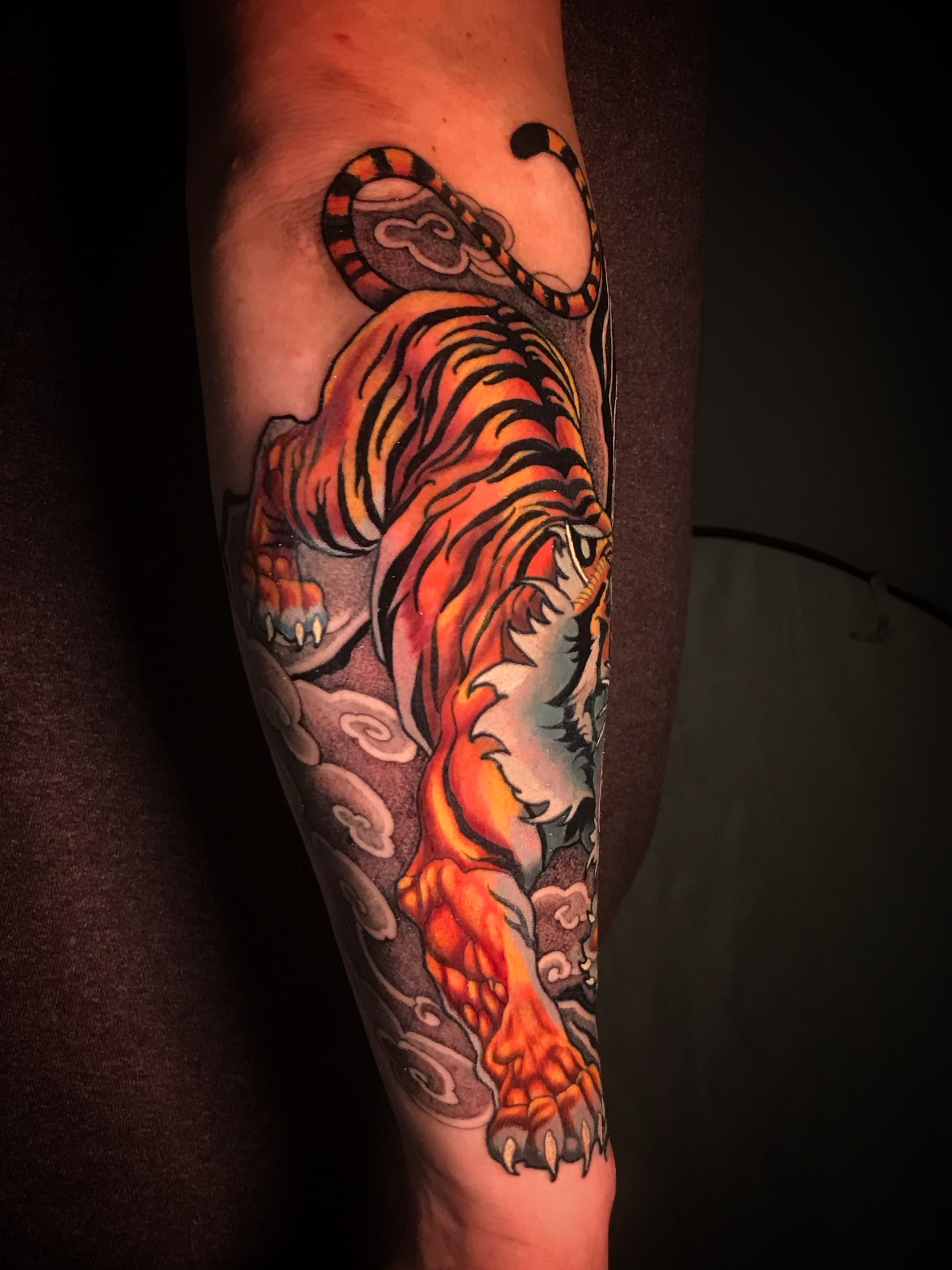 Tiger japanese irezumi tattoo on the forearm by Sean Hollinger
