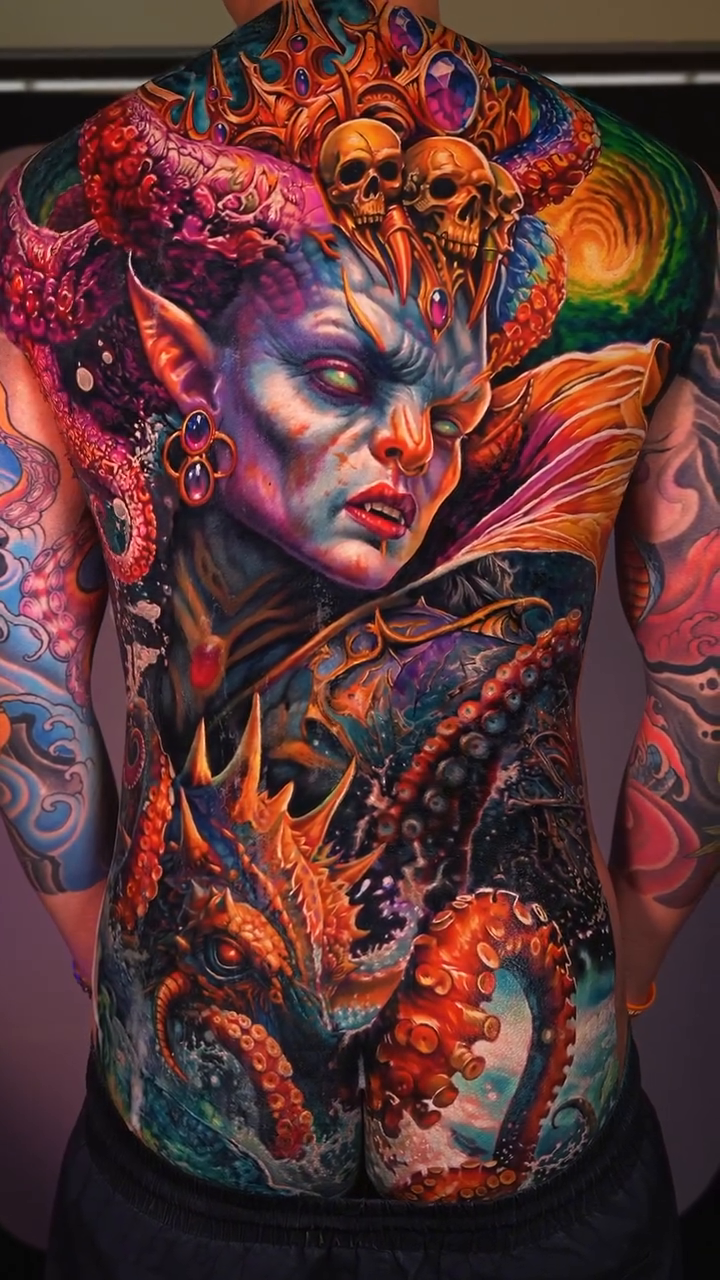Mythical creature with tentacles and skulls dark realism tattoo by Hiroto Nguyen, Perth, Western Australia