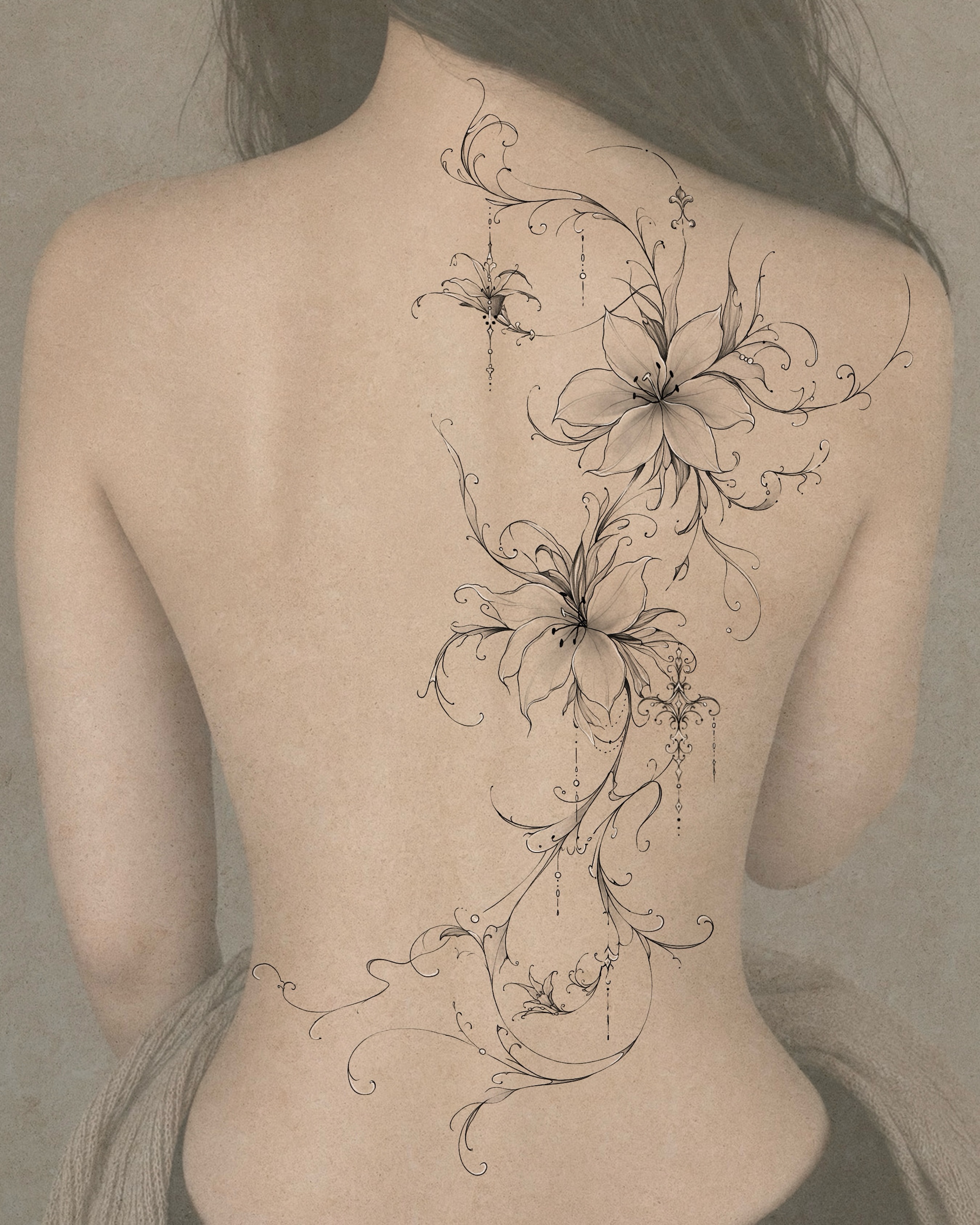 Lily flowers black and grey tattoo on the back by ๐๐๐๐๐๐