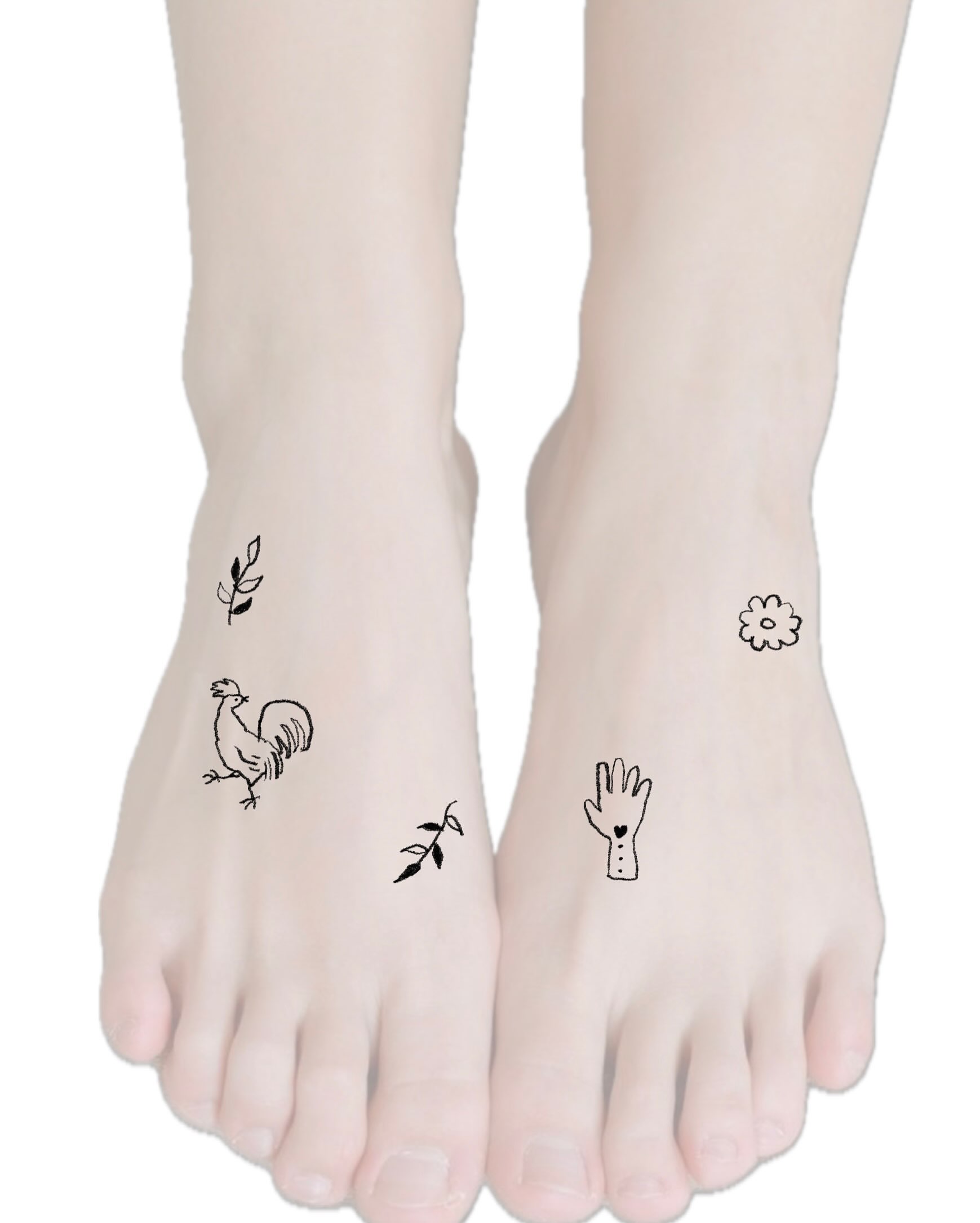 Rooster, flower, hand, leaf black and grey tattoo on the foot by 림구타투
