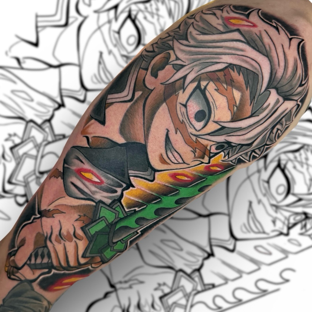Anime character anime tattoo on the forearm by Victor Campos