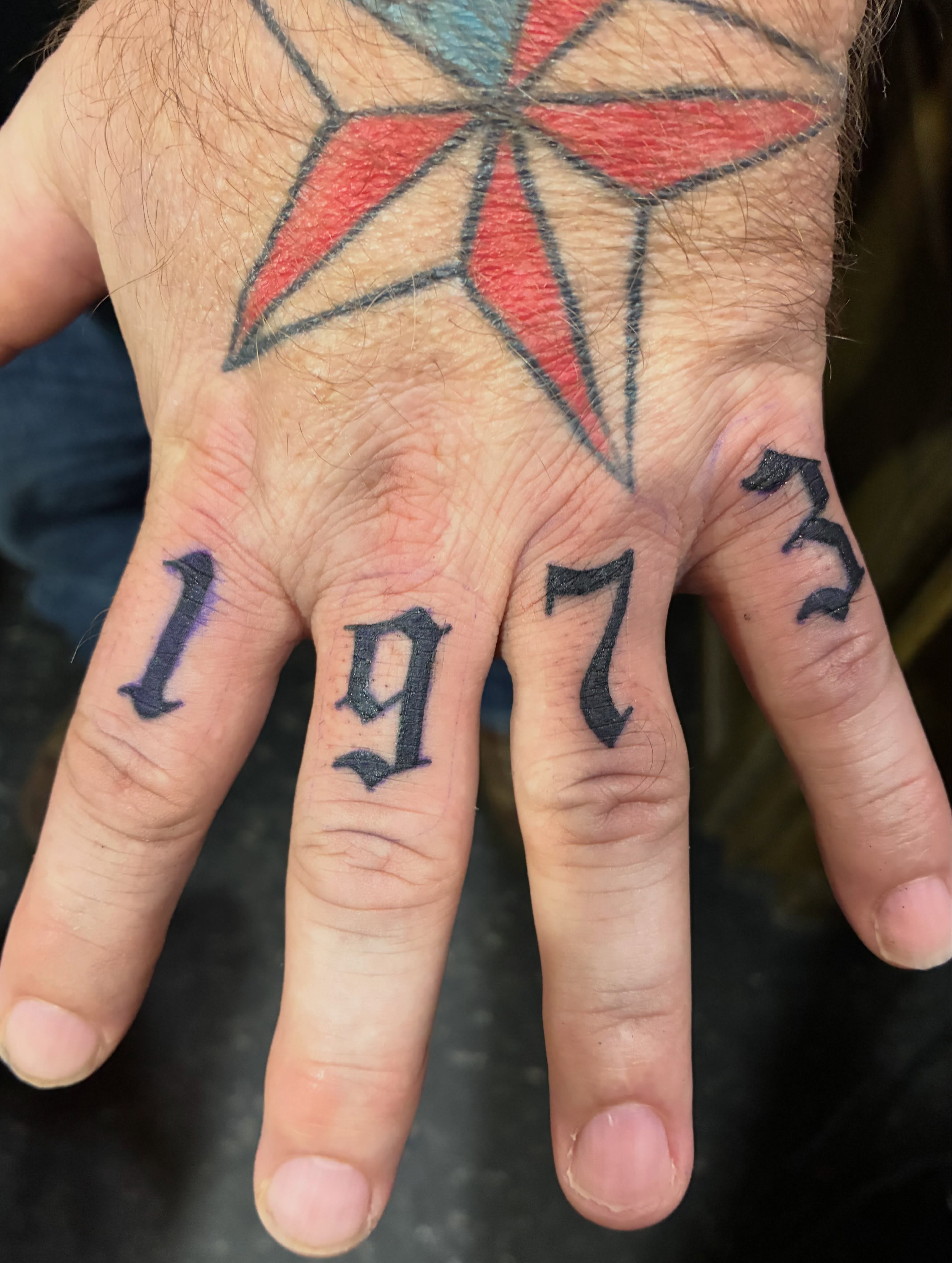 Numbers American traditional tattoo on the hand by Natalie Spuhler