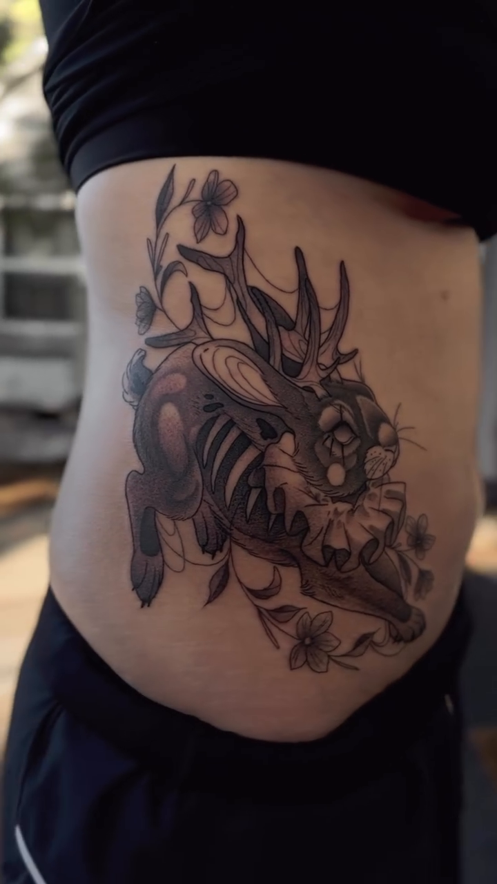 Skeleton rabbit with flowers dark realism tattoo by Hades cabrera, Richmond, Virginia