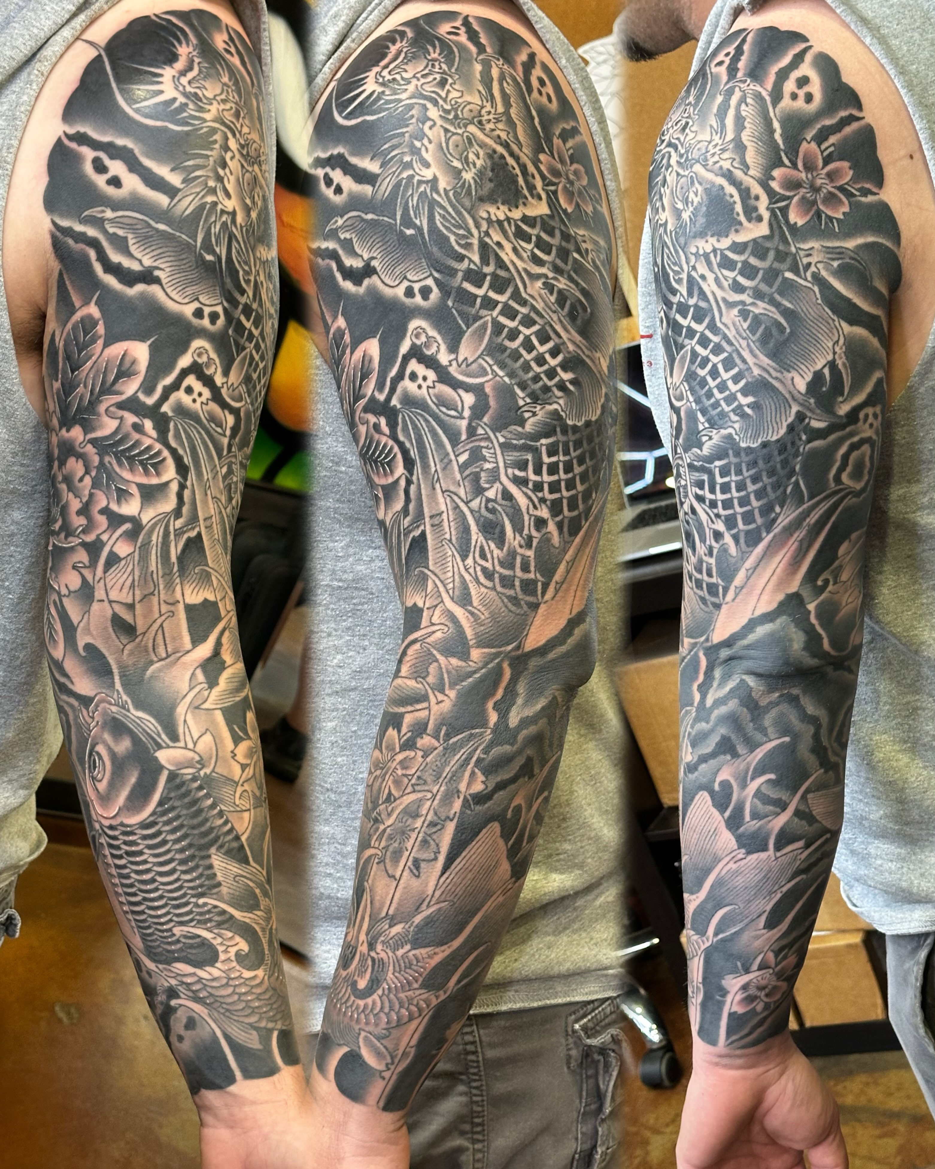 Koi fish and dragon japanese irezumi tattoo on the forearm by Wesley Lam