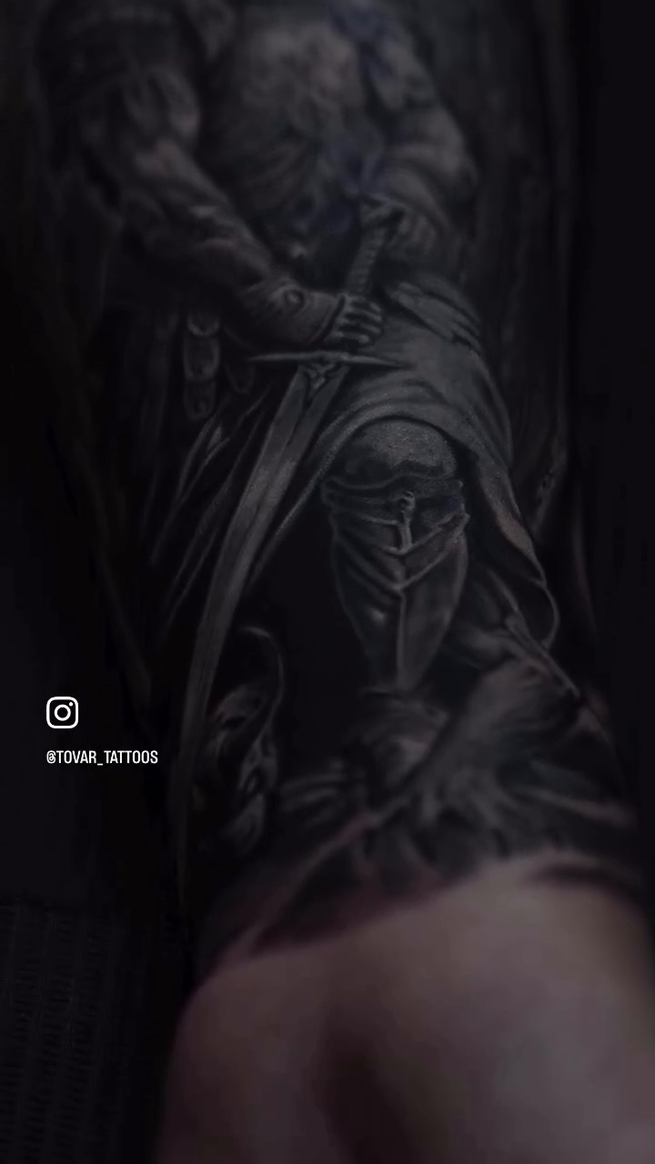 Armored warrior with wings dark realism tattoo by Michael Tovar